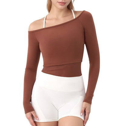 Anna-Kaci Active Women's Off Shoulder Long Sleeve Activewear Crop Top with Streamlined Fit and Lightweight Stretch Fabric