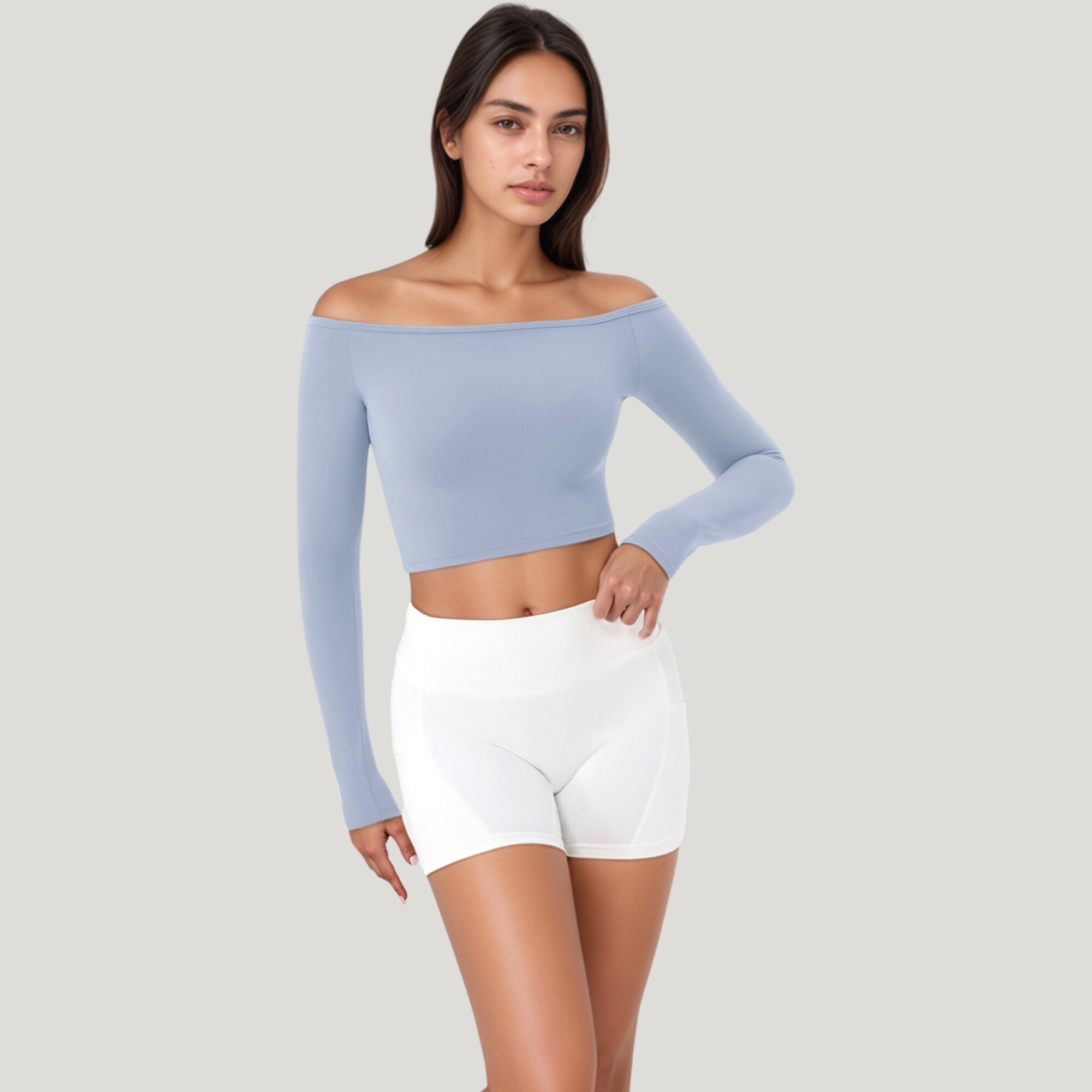 Anna-Kaci Active Women's Off Shoulder Long Sleeve Activewear Crop Top with Streamlined Fit and Lightweight Stretch Fabric