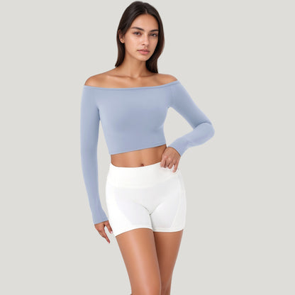 Anna-Kaci Active Women's Off Shoulder Long Sleeve Activewear Crop Top with Streamlined Fit and Lightweight Stretch Fabric
