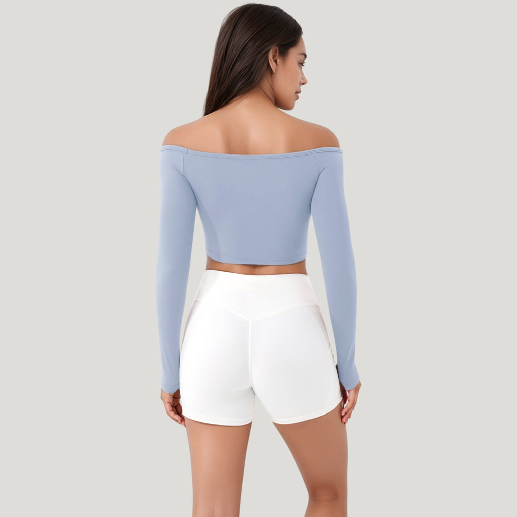 Anna-Kaci Active Women's Off Shoulder Long Sleeve Activewear Crop Top with Streamlined Fit and Lightweight Stretch Fabric