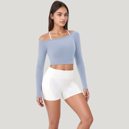 Anna-Kaci Active Women's Off Shoulder Long Sleeve Activewear Crop Top with Streamlined Fit and Lightweight Stretch Fabric