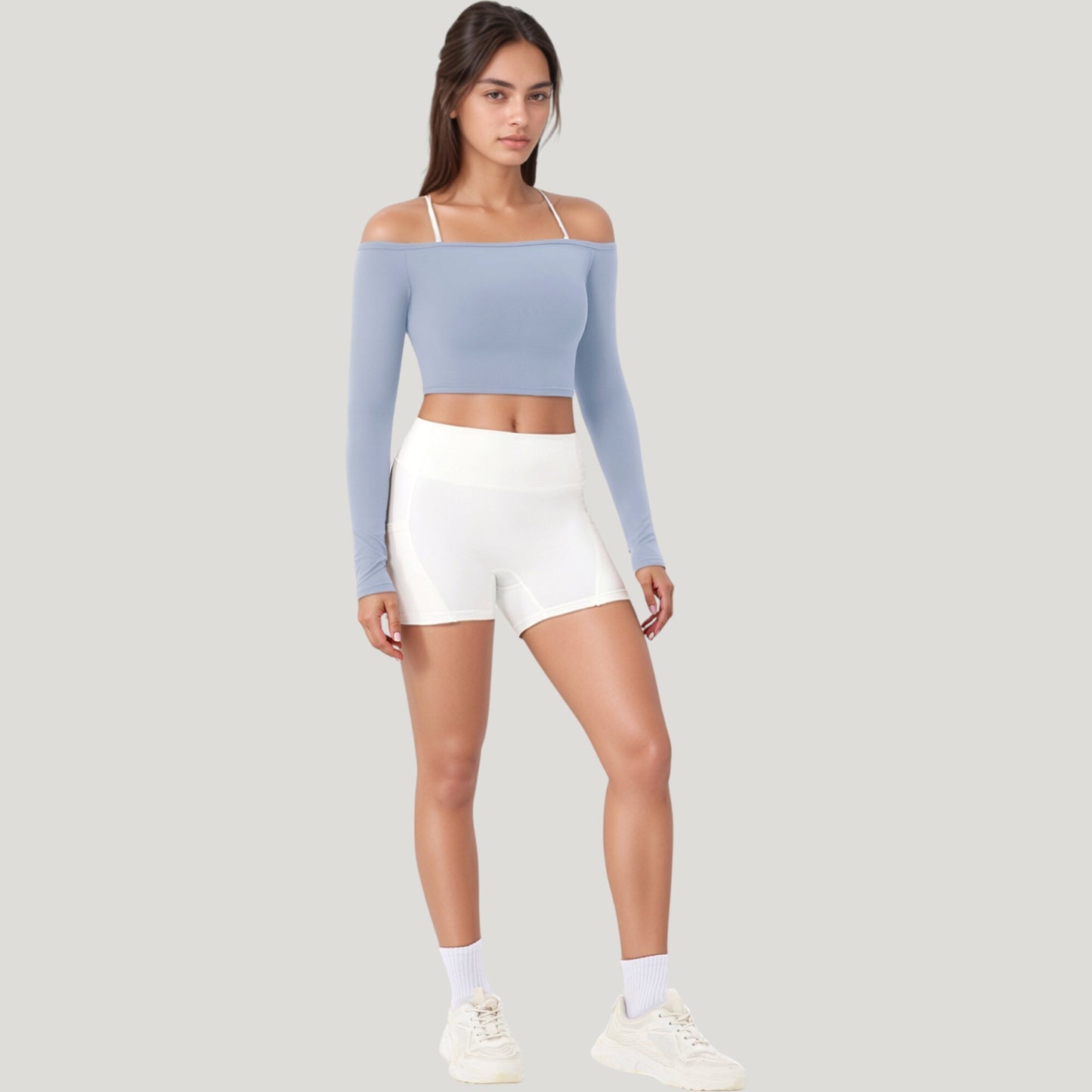 Anna-Kaci Active Women's Off Shoulder Long Sleeve Activewear Crop Top with Streamlined Fit and Lightweight Stretch Fabric