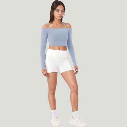 Anna-Kaci Active Women's Off Shoulder Long Sleeve Activewear Crop Top with Streamlined Fit and Lightweight Stretch Fabric