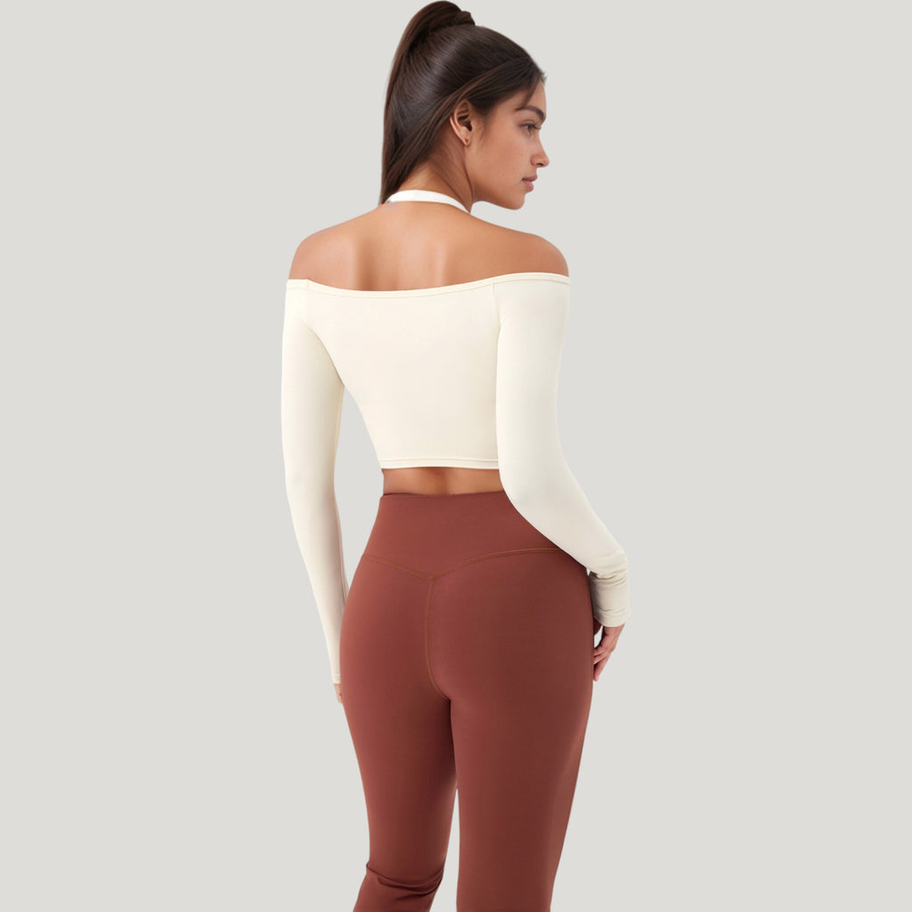 Anna-Kaci Active Women's Off Shoulder Long Sleeve Activewear Crop Top with Streamlined Fit and Lightweight Stretch Fabric