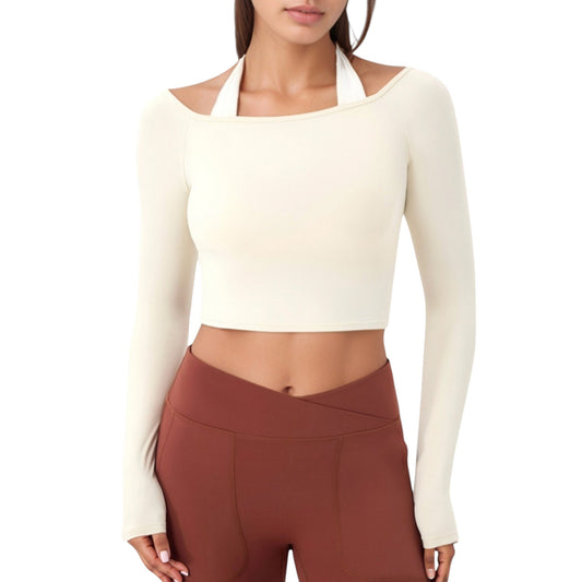 Anna-Kaci Active Women's Off Shoulder Long Sleeve Activewear Crop Top with Streamlined Fit and Lightweight Stretch Fabric