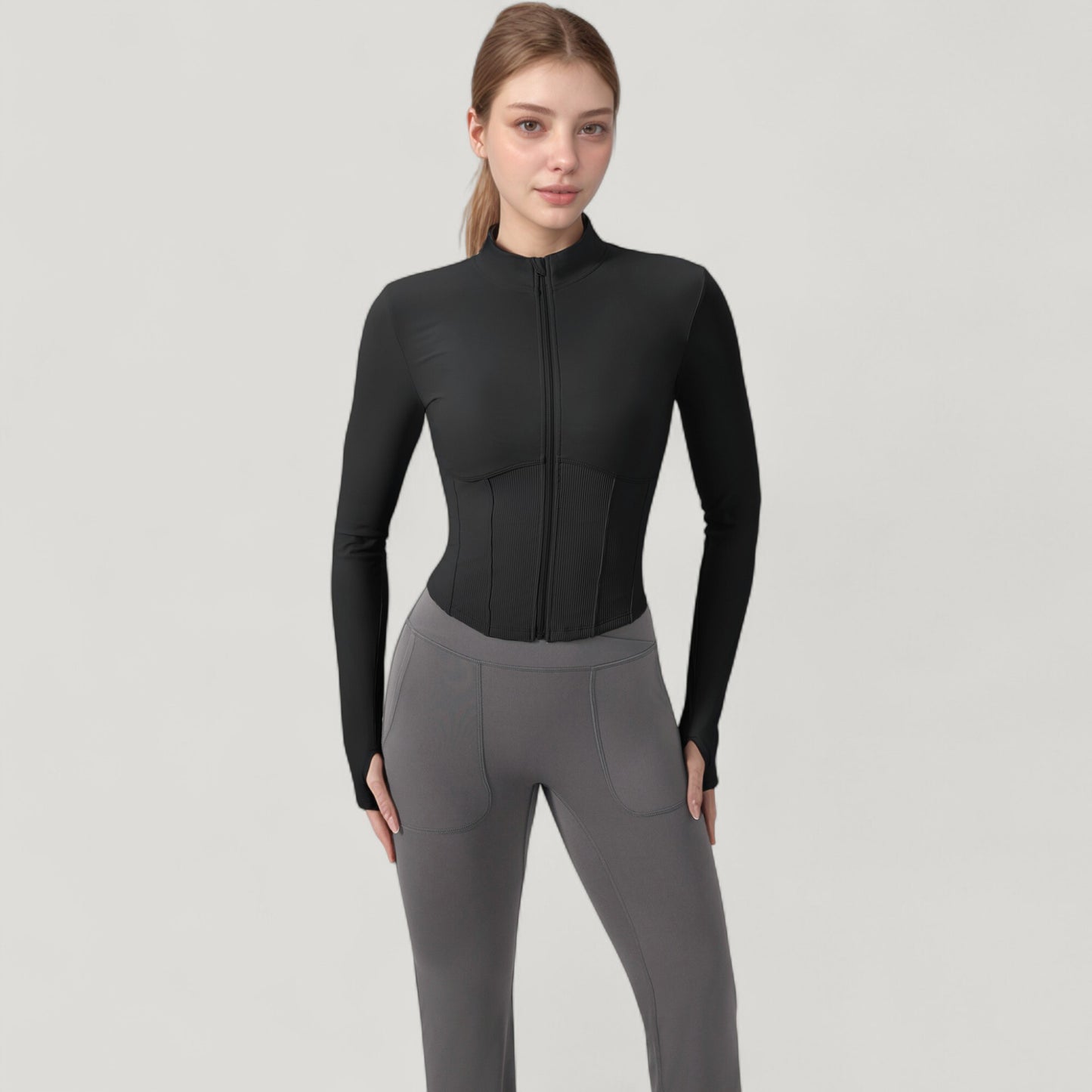 Anna-Kaci Active Women's Long Sleeve Zip-Up Cropped Active Jacket with Thumbhole Cuffs and Slim Fit Design