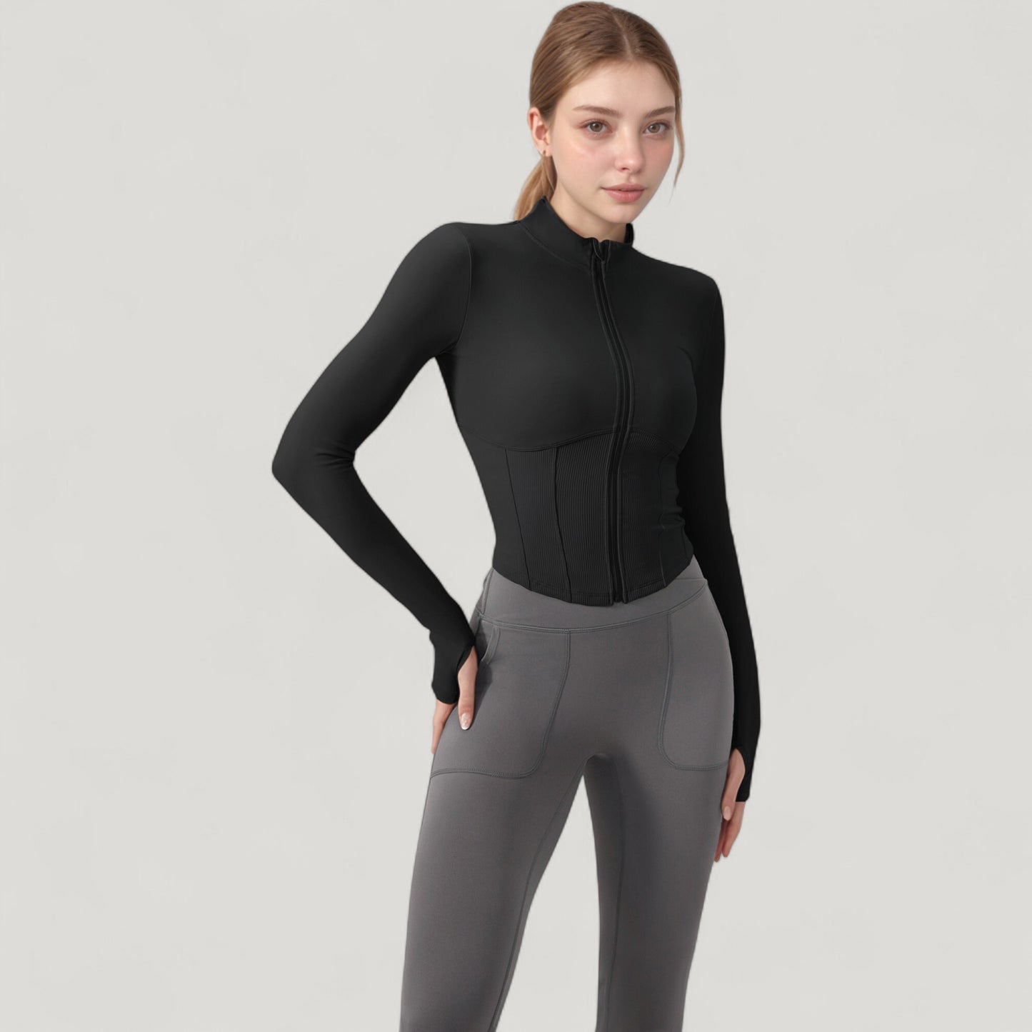 Anna-Kaci Active Women's Long Sleeve Zip-Up Cropped Active Jacket with Thumbhole Cuffs and Slim Fit Design