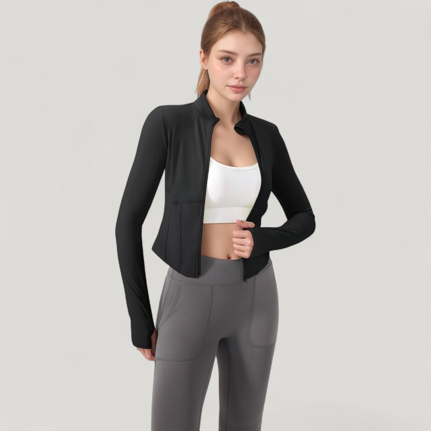 Anna-Kaci Active Women's Long Sleeve Zip-Up Cropped Active Jacket with Thumbhole Cuffs and Slim Fit Design