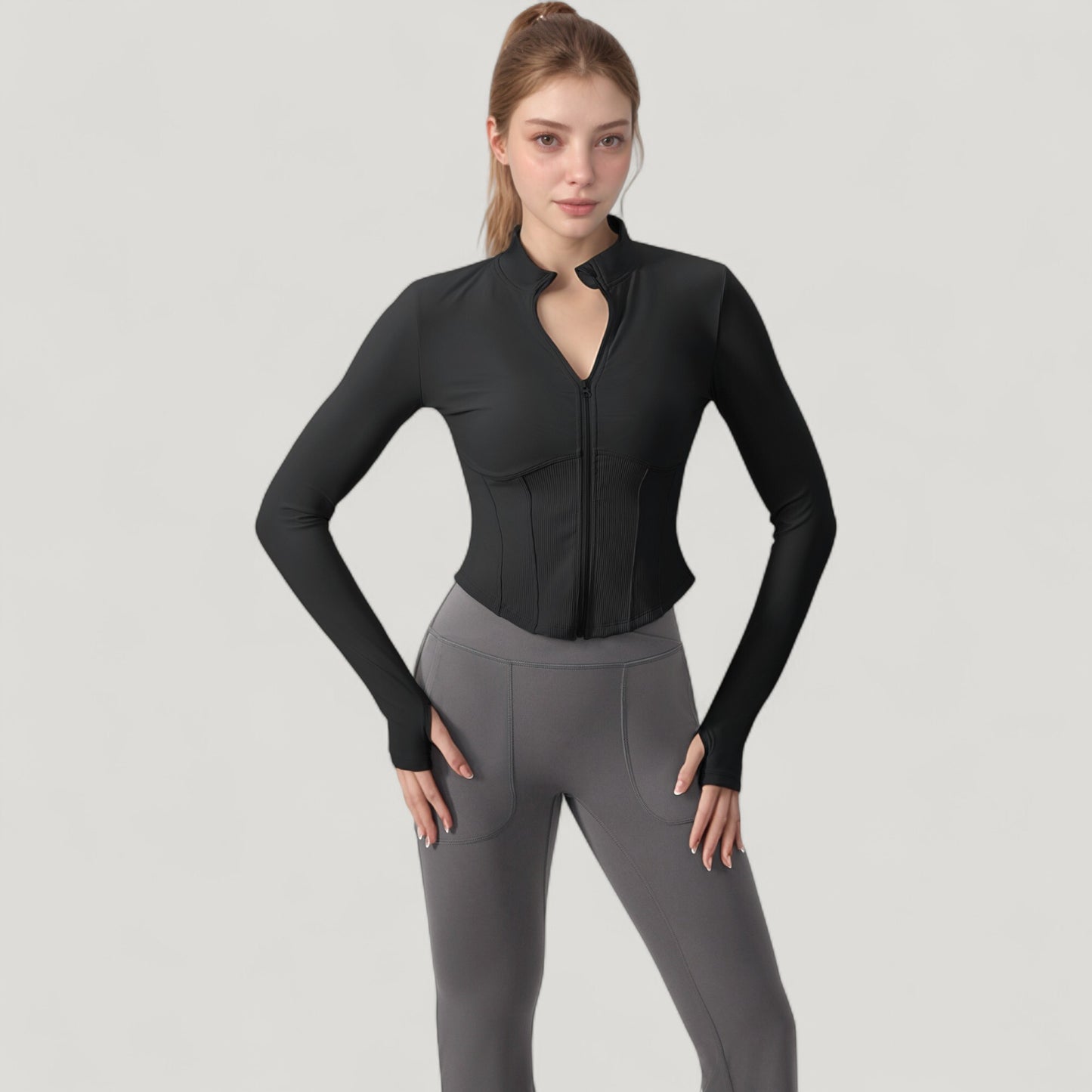 Anna-Kaci Active Women's Long Sleeve Zip-Up Cropped Active Jacket with Thumbhole Cuffs and Slim Fit Design