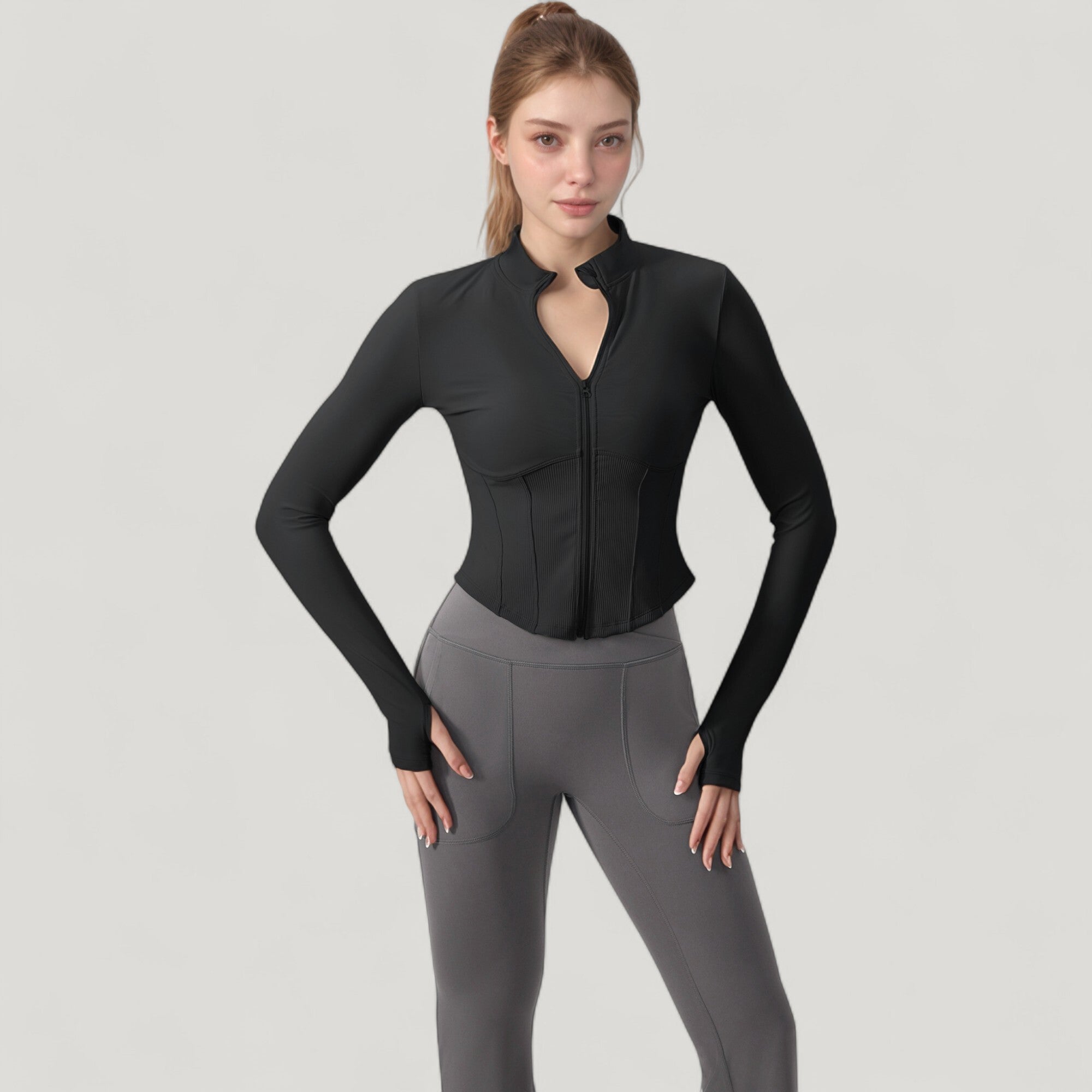 Anna-Kaci Active Women's Long Sleeve Zip-Up Cropped Active Jacket with Thumbhole Cuffs and Slim Fit Design