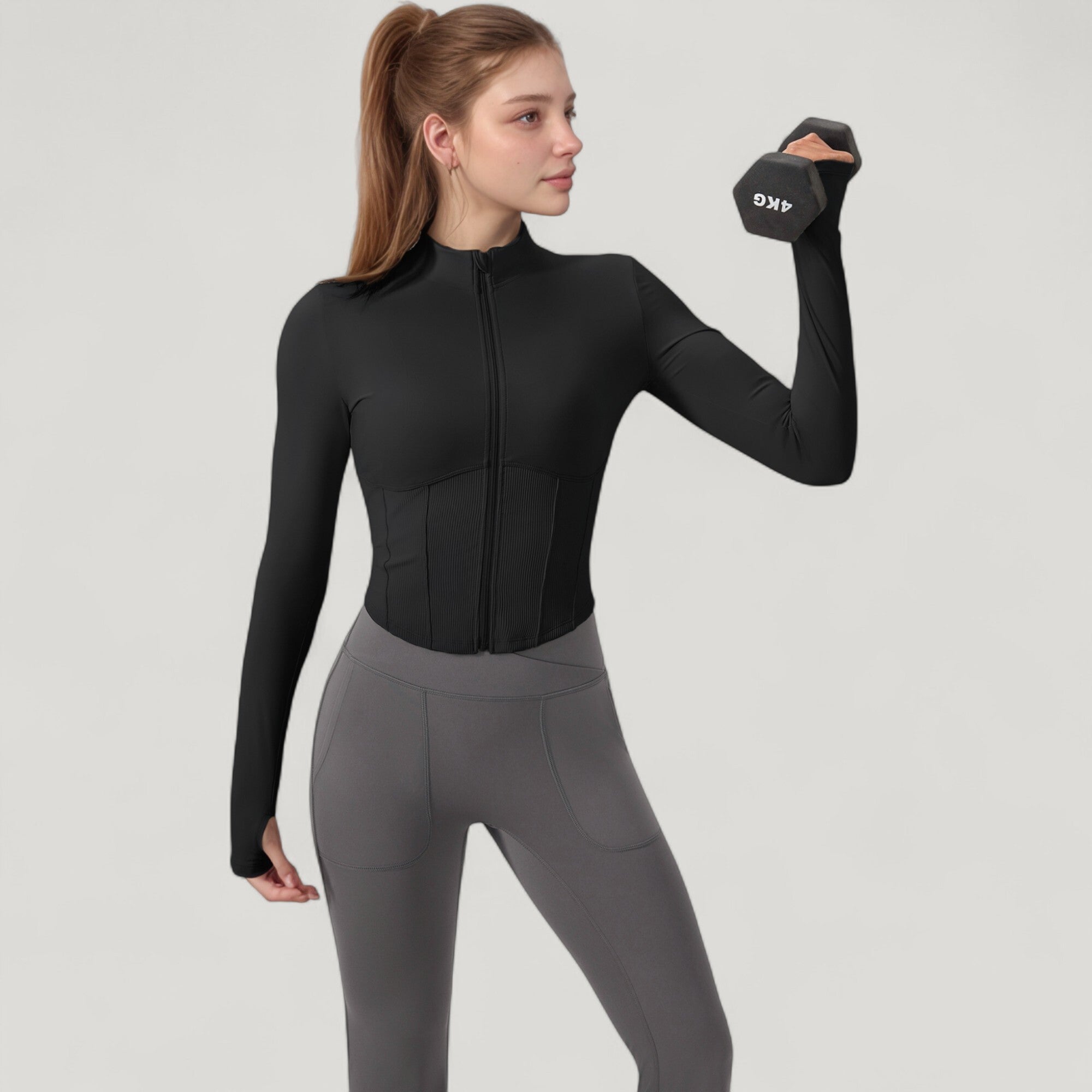 Anna-Kaci Active Women's Long Sleeve Zip-Up Cropped Active Jacket with Thumbhole Cuffs and Slim Fit Design