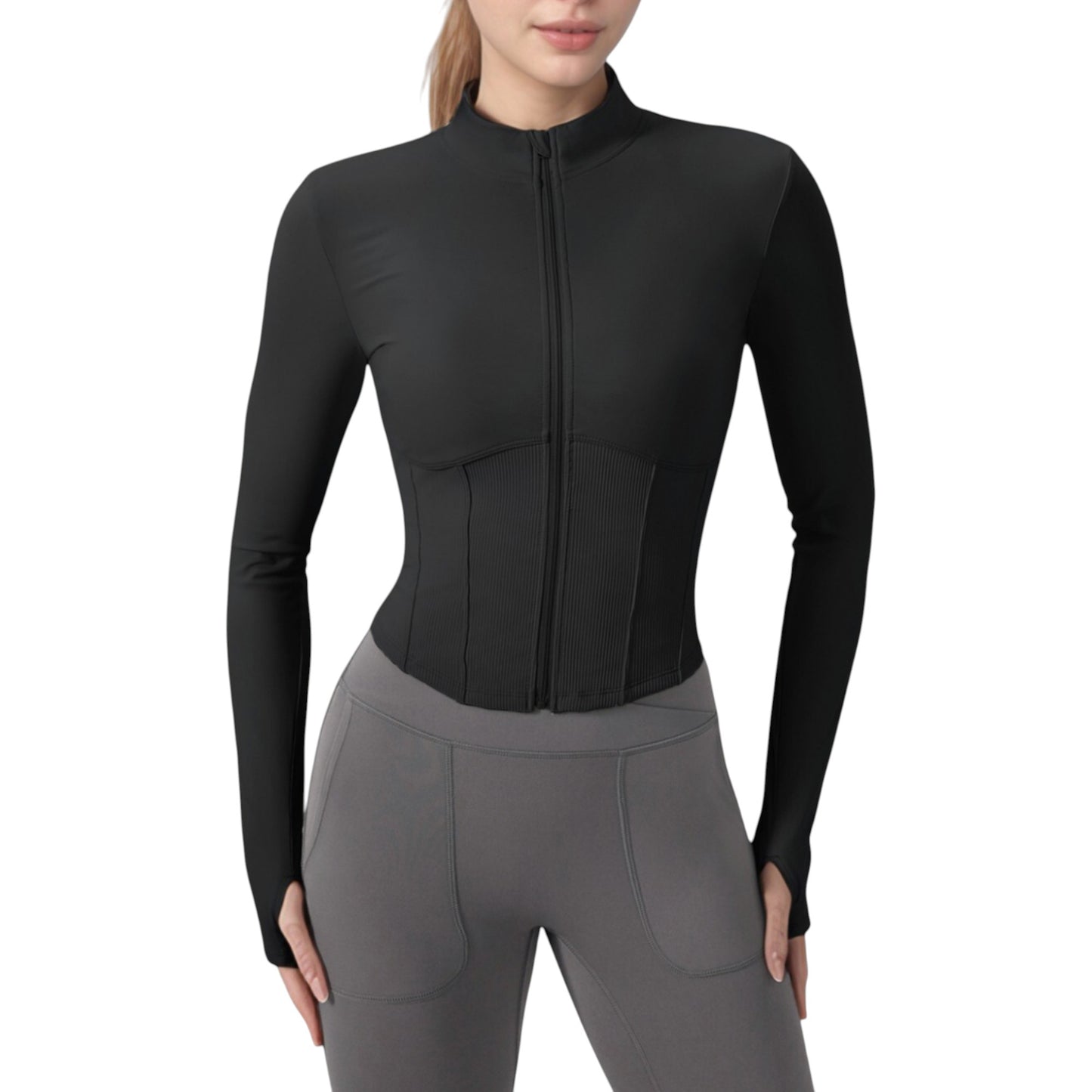 Anna-Kaci Active Women's Long Sleeve Zip-Up Cropped Active Jacket with Thumbhole Cuffs and Slim Fit Design