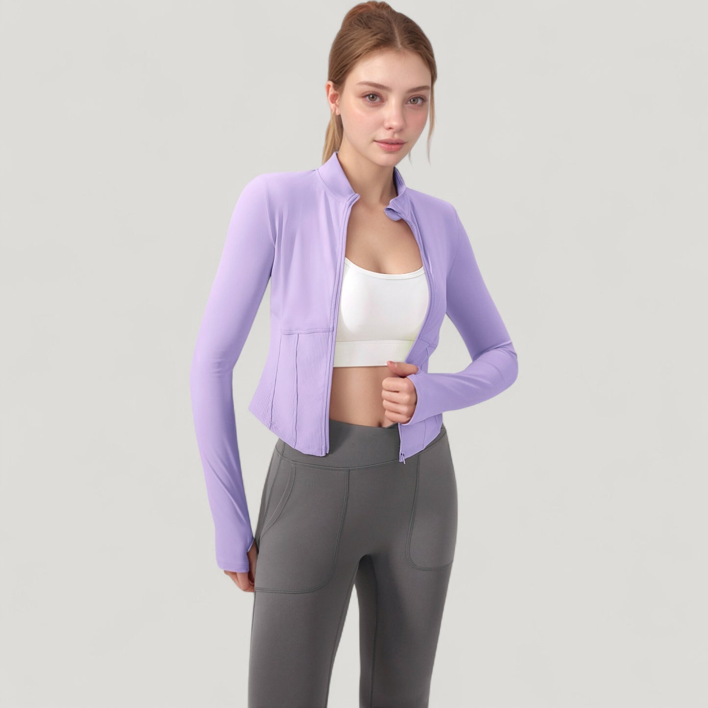Anna-Kaci Active Women's Long Sleeve Zip-Up Cropped Active Jacket with Thumbhole Cuffs and Slim Fit Design