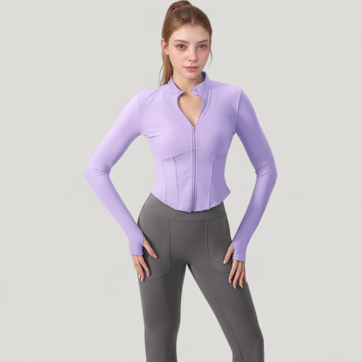 Anna-Kaci Active Women's Long Sleeve Zip-Up Cropped Active Jacket with Thumbhole Cuffs and Slim Fit Design