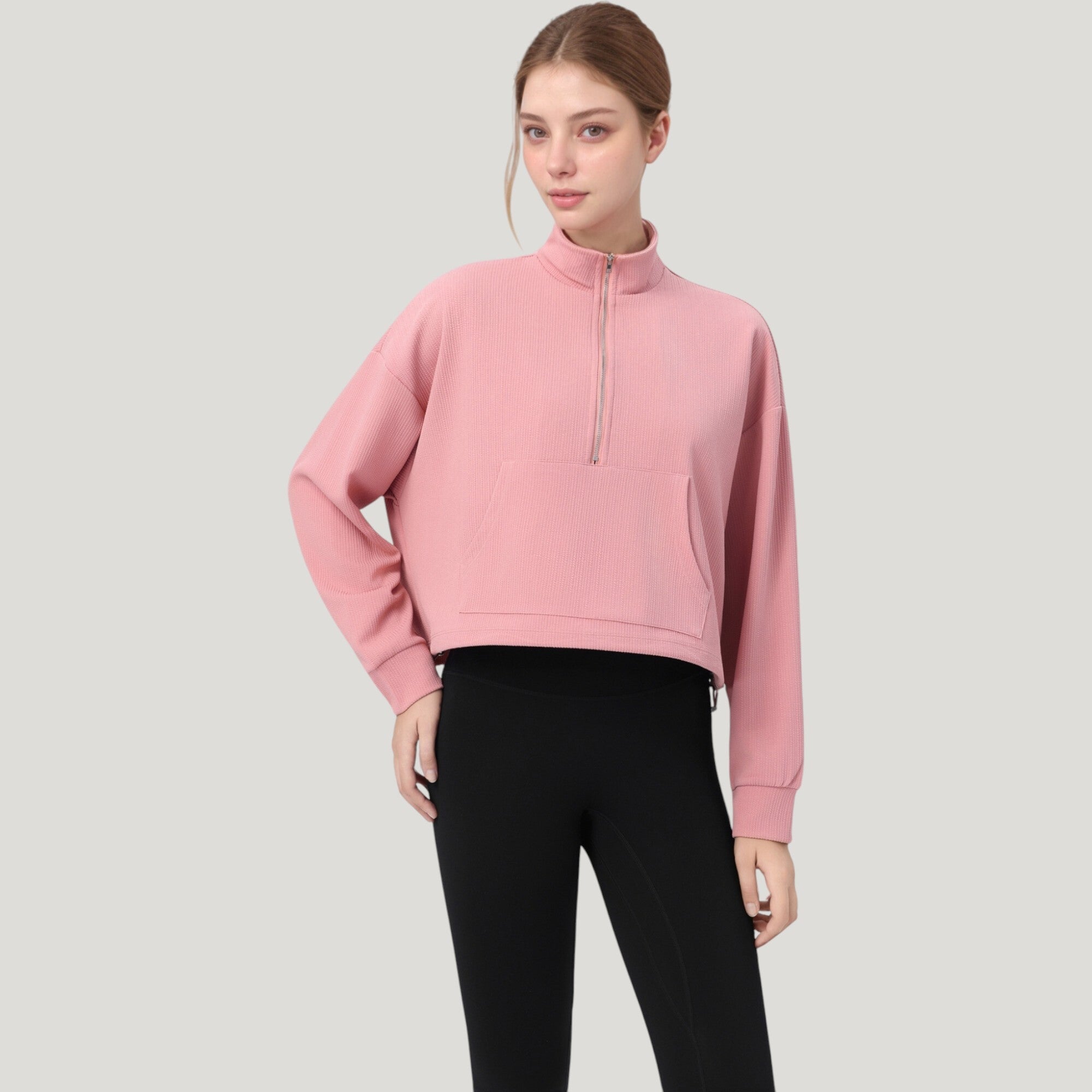 Anna-Kaci Active Women's Long Sleeve Half Zip Pullover Top with Mock Neck and Kangaroo Pocket