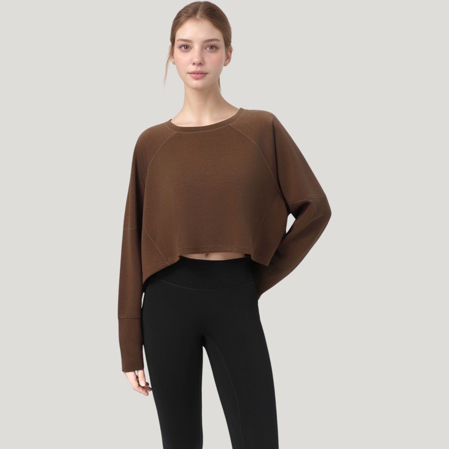 Anna-Kaci Active Women's Cropped Long Sleeve Active Top with Relaxed Fit and Crew Neck