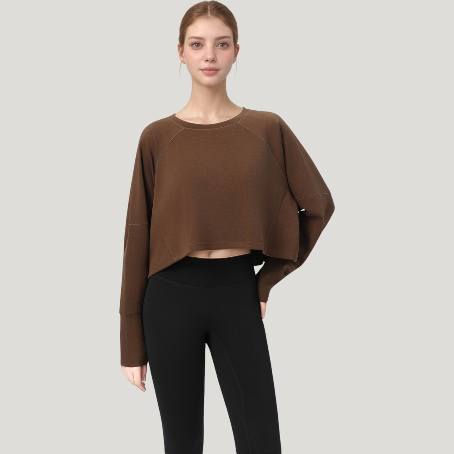 Anna-Kaci Active Women's Cropped Long Sleeve Active Top with Relaxed Fit and Crew Neck