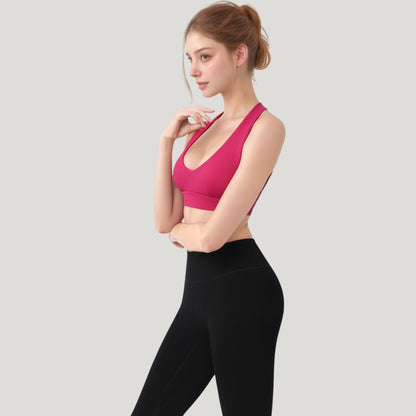 Anna-Kaci Active Women's Low Scoop Neck Sports Bra with Open Back Strap Design and Supportive Elastic Band