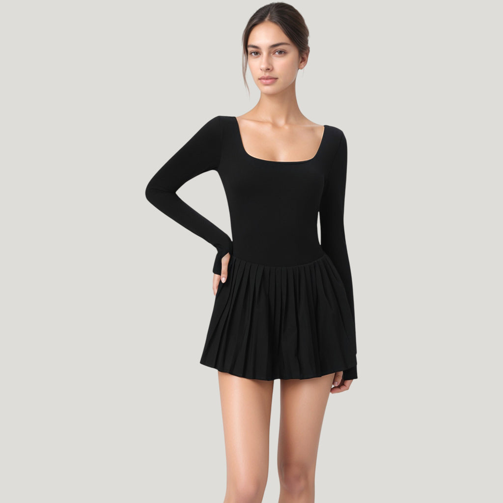 Anna-Kaci Active Women's Long Sleeve Pleated Skirt Active Dress with Scoop Neckline