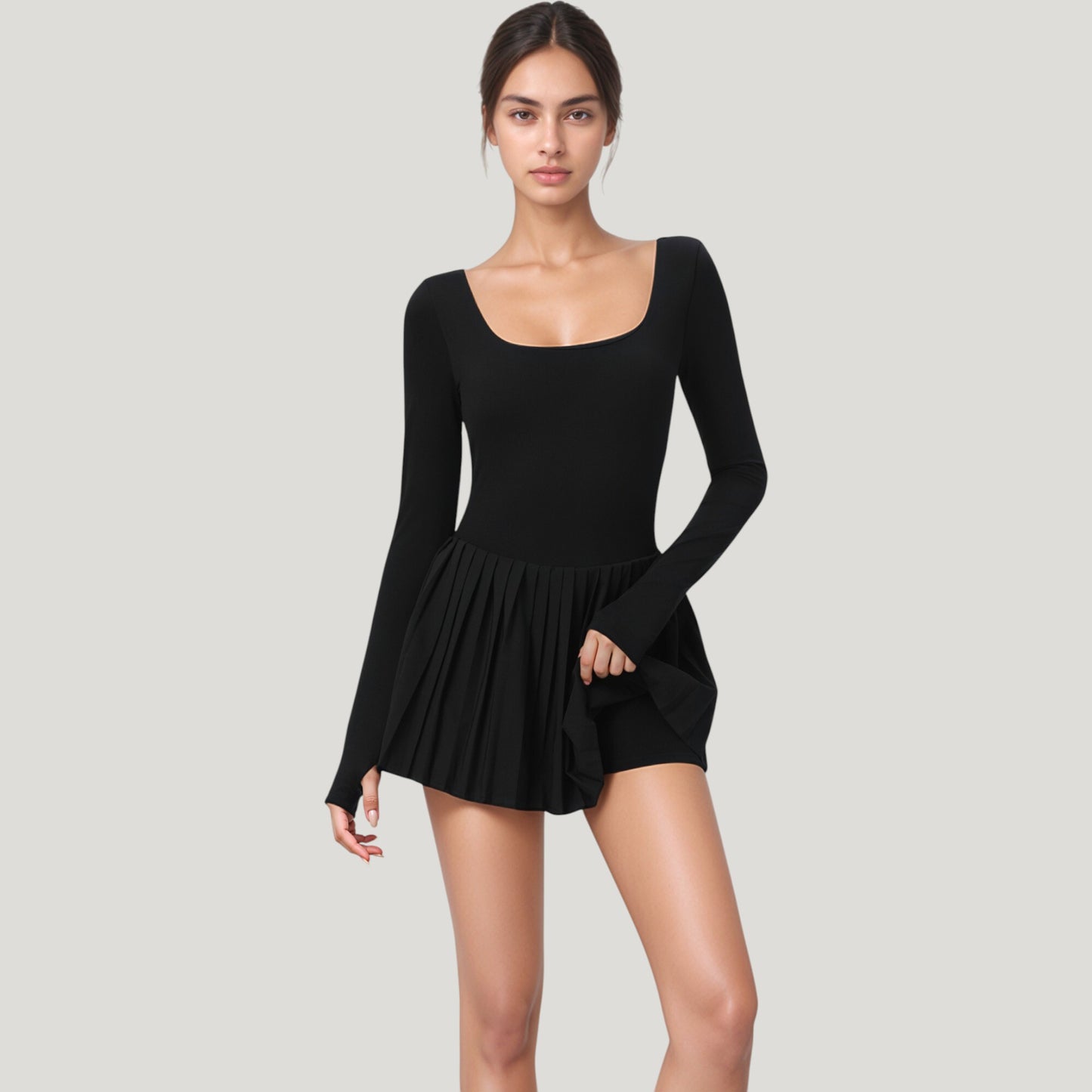 Anna-Kaci Active Women's Long Sleeve Pleated Skirt Active Dress with Scoop Neckline