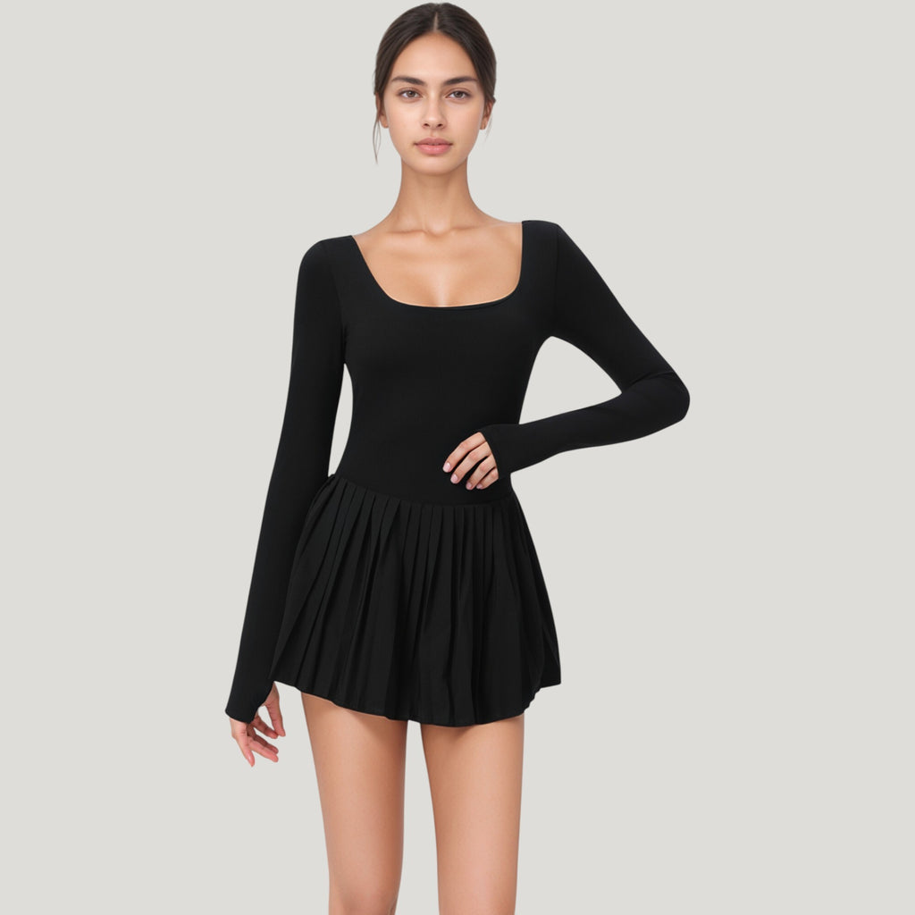 Anna-Kaci Active Women's Long Sleeve Pleated Skirt Active Dress with Scoop Neckline