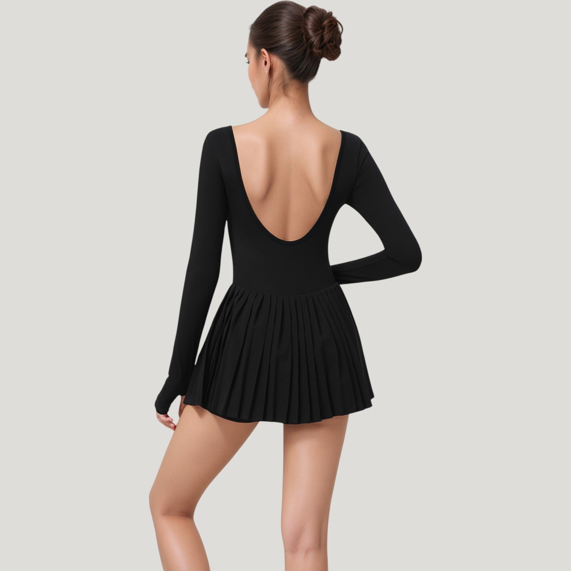 Anna-Kaci Active Women's Long Sleeve Pleated Skirt Active Dress with Scoop Neckline