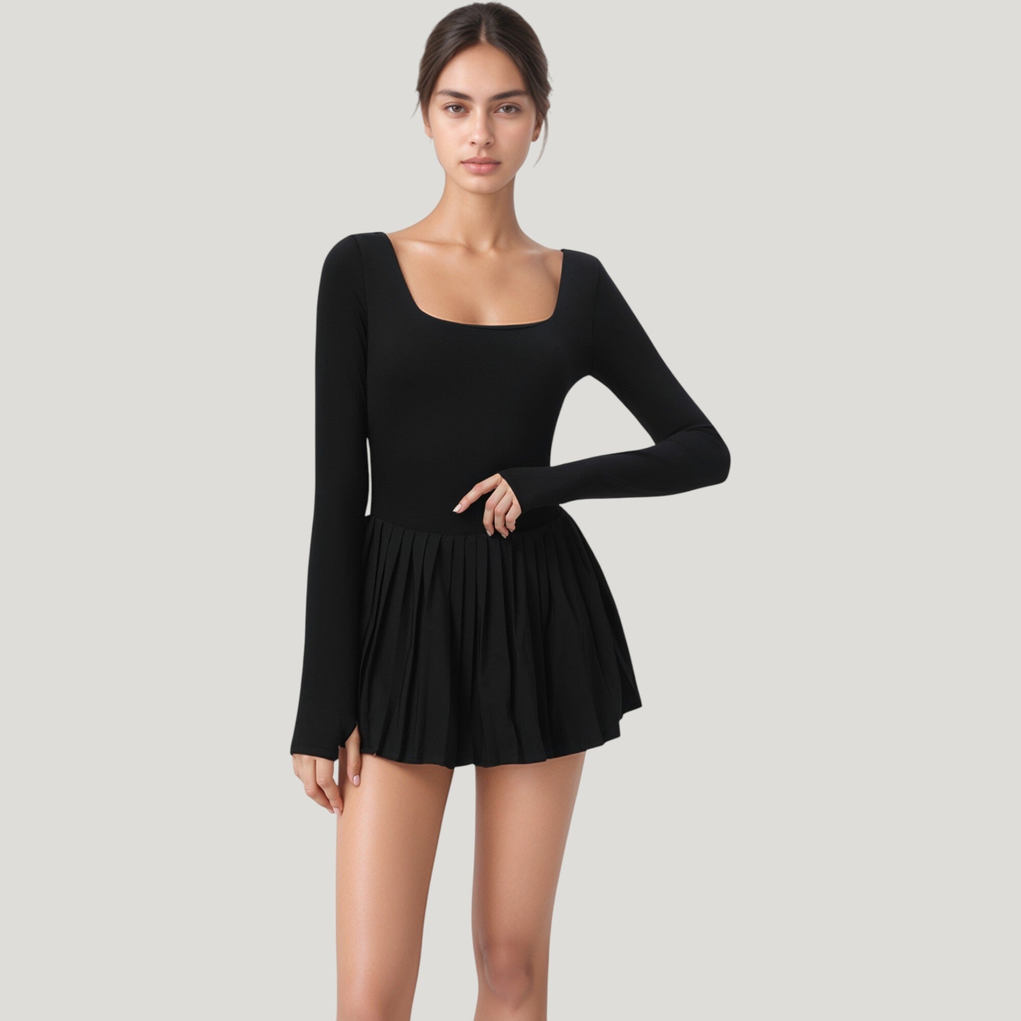 Anna-Kaci Active Women's Long Sleeve Pleated Skirt Active Dress with Scoop Neckline