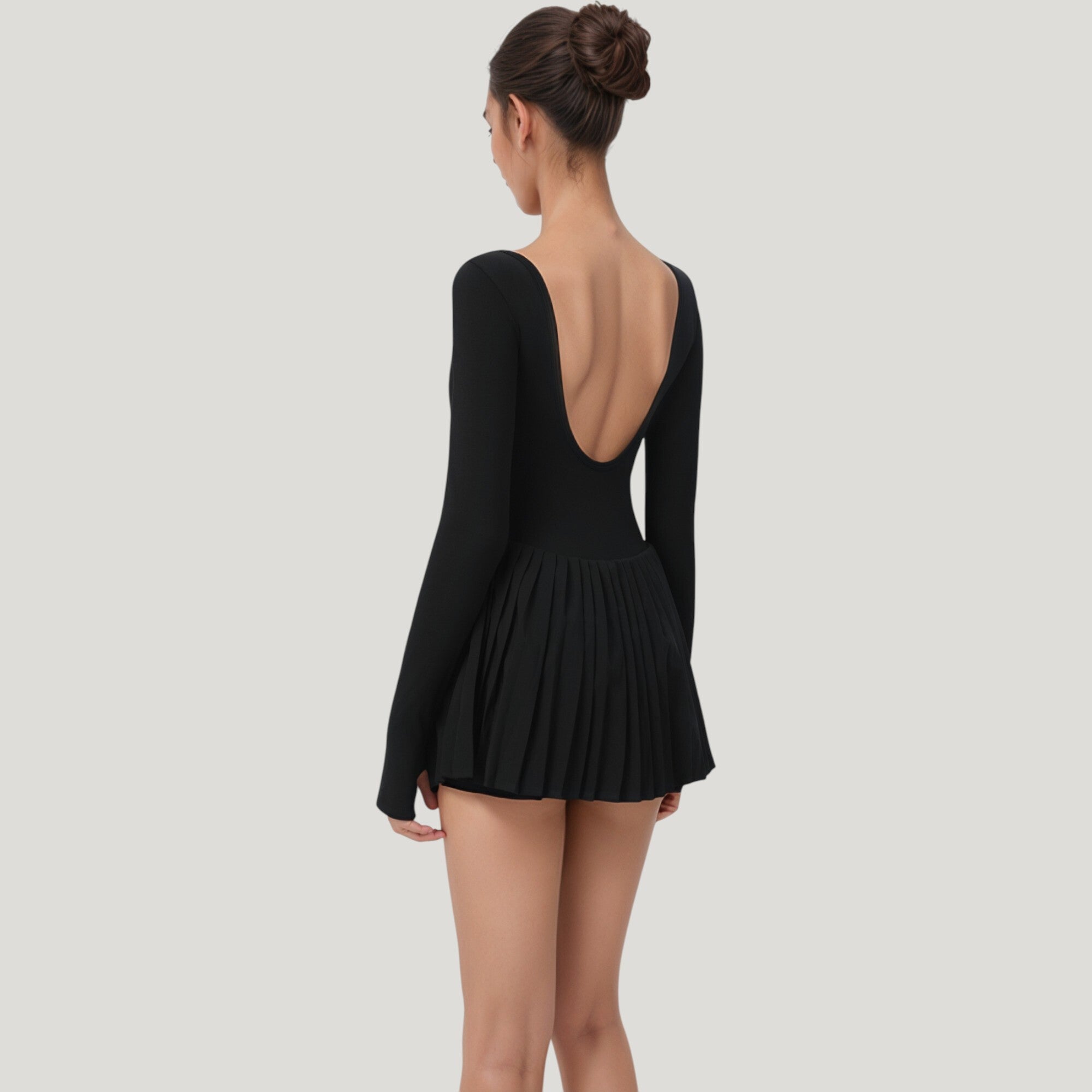 Anna-Kaci Active Women's Long Sleeve Pleated Skirt Active Dress with Scoop Neckline