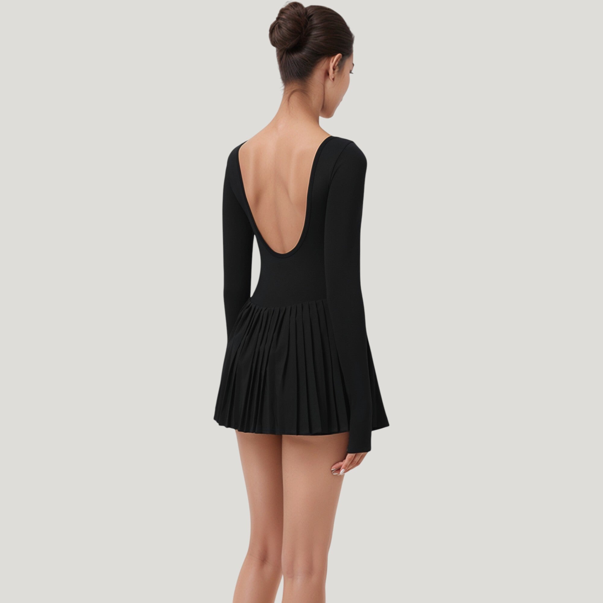 Anna-Kaci Active Women's Long Sleeve Pleated Skirt Active Dress with Scoop Neckline