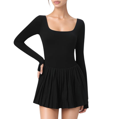 Anna-Kaci Active Women's Long Sleeve Pleated Skirt Active Dress with Scoop Neckline