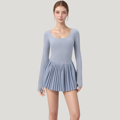 Anna-Kaci Active Women's Long Sleeve Pleated Skirt Active Dress with Scoop Neckline