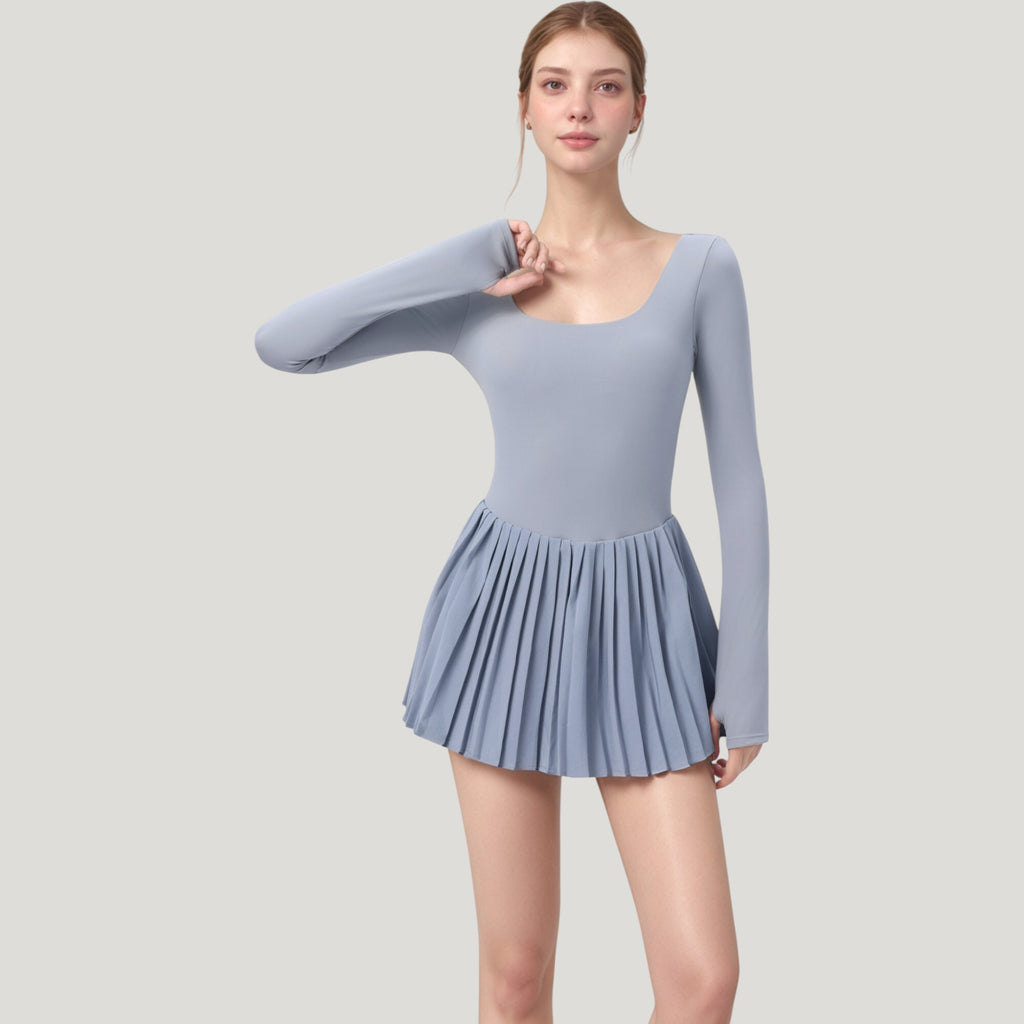 Anna-Kaci Active Women's Long Sleeve Pleated Skirt Active Dress with Scoop Neckline