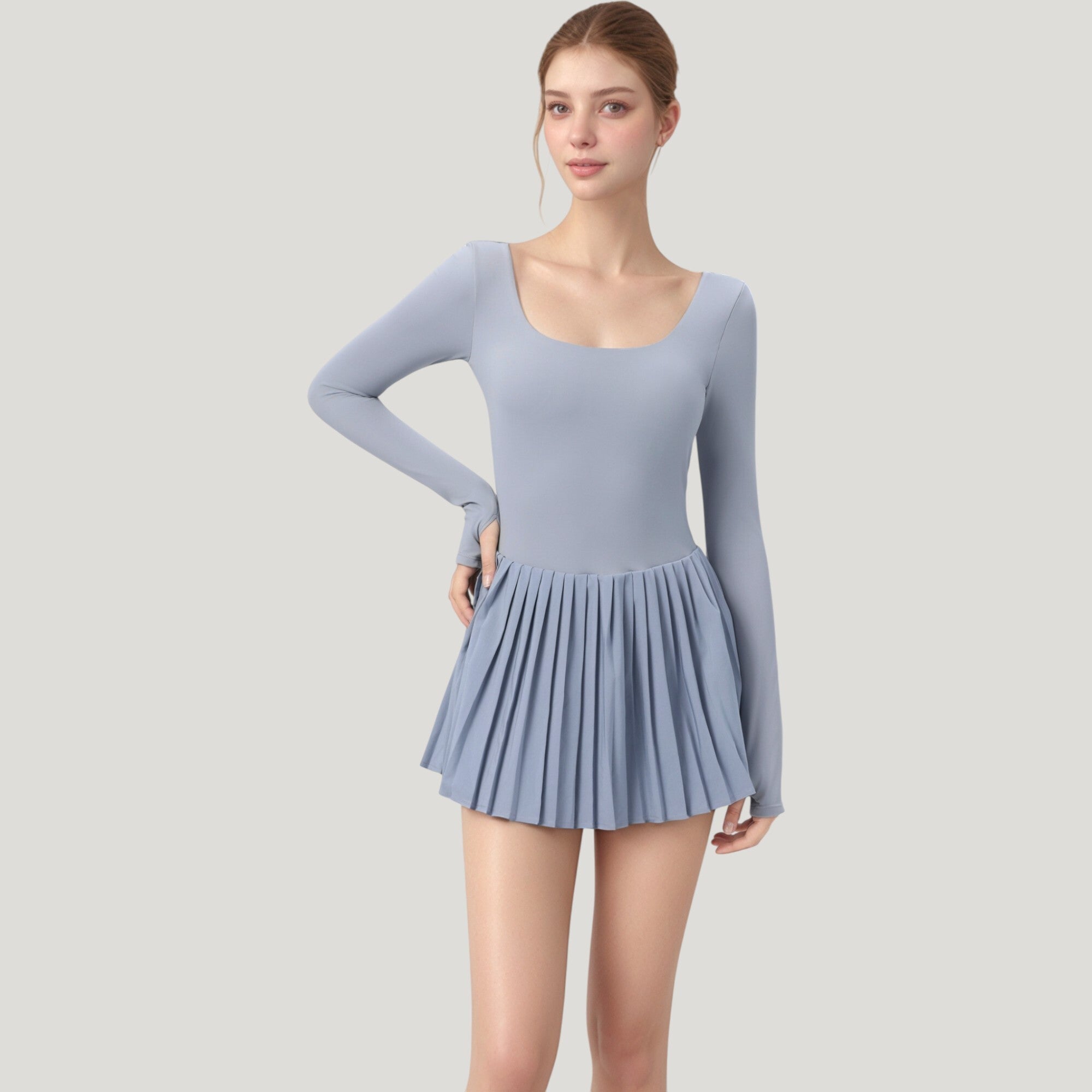 Anna-Kaci Active Women's Long Sleeve Pleated Skirt Active Dress with Scoop Neckline