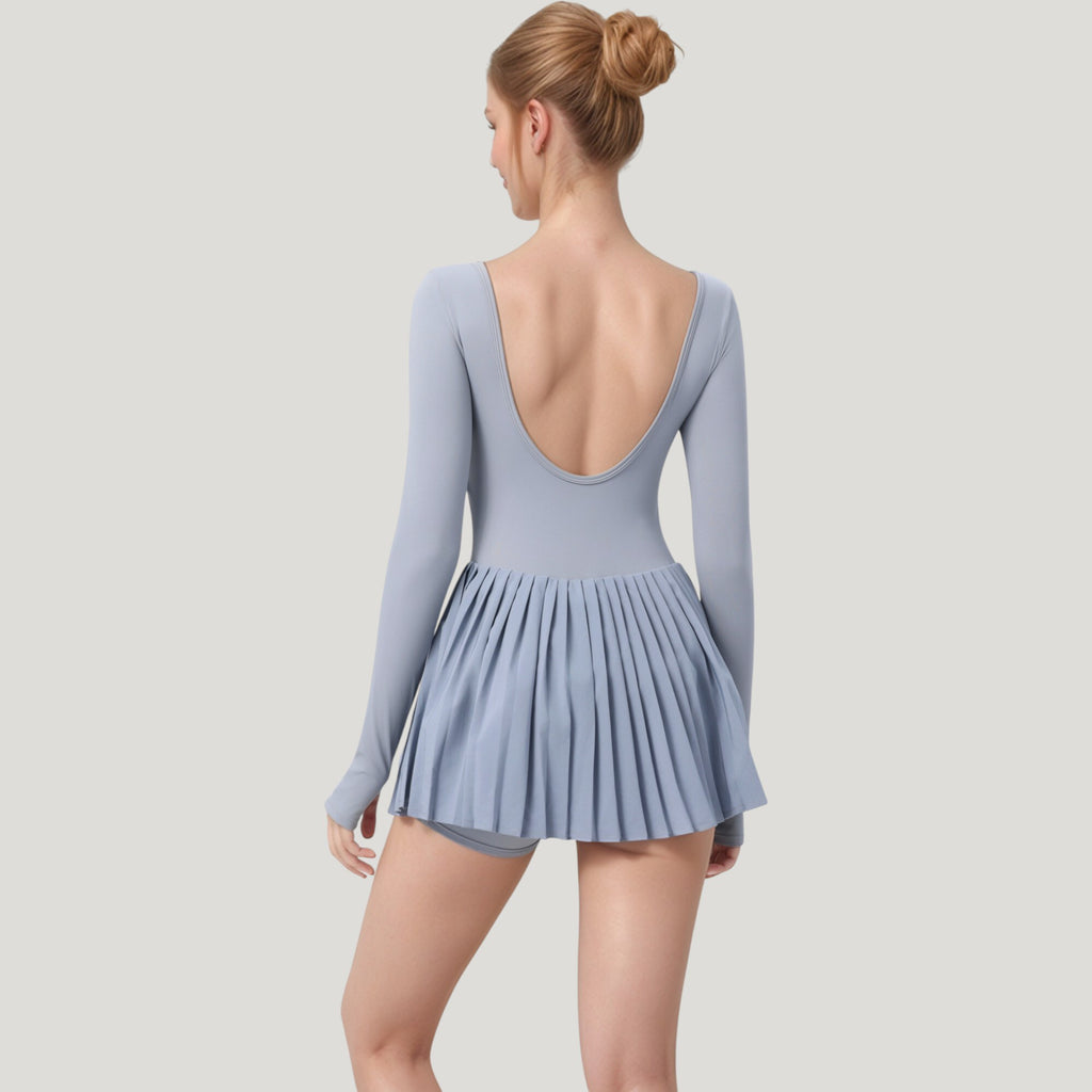 Anna-Kaci Active Women's Long Sleeve Pleated Skirt Active Dress with Scoop Neckline