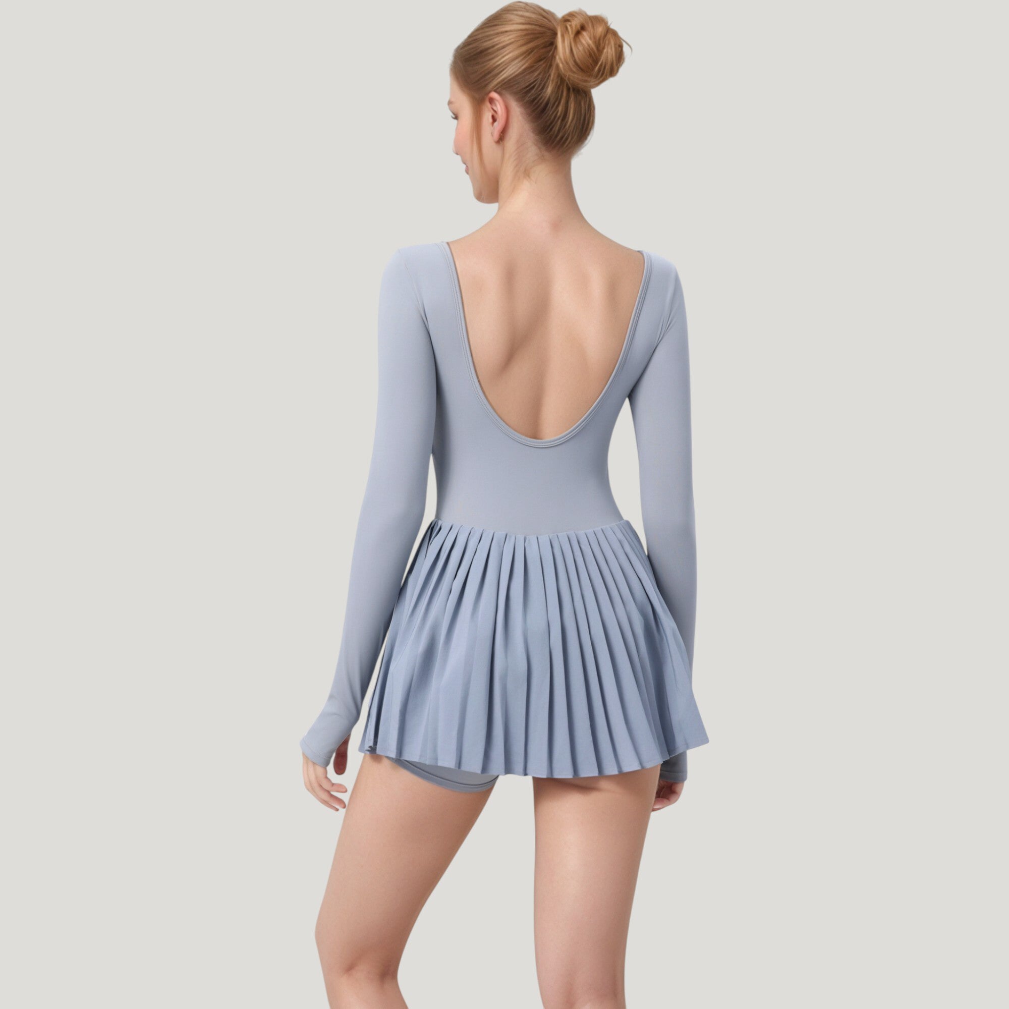 Anna-Kaci Active Women's Long Sleeve Pleated Skirt Active Dress with Scoop Neckline