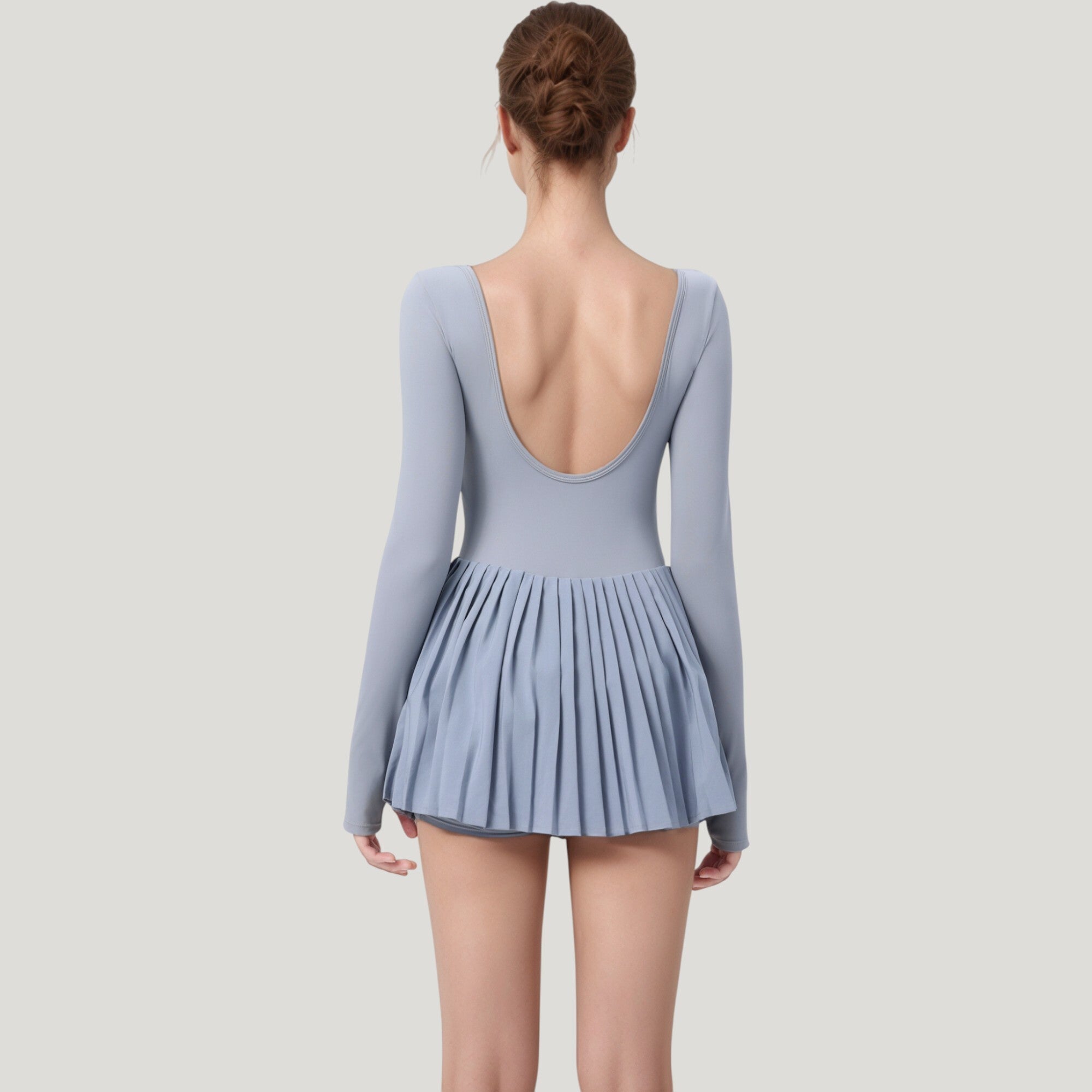 Anna-Kaci Active Women's Long Sleeve Pleated Skirt Active Dress with Scoop Neckline