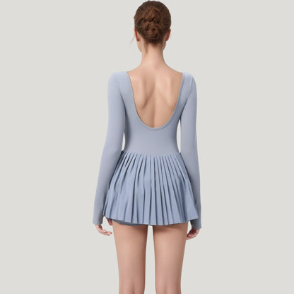 Anna-Kaci Active Women's Long Sleeve Pleated Skirt Active Dress with Scoop Neckline