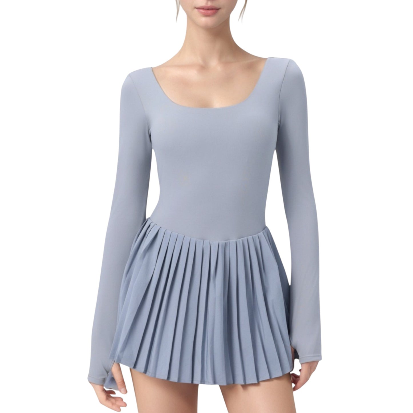 Anna-Kaci Active Women's Long Sleeve Pleated Skirt Active Dress with Scoop Neckline