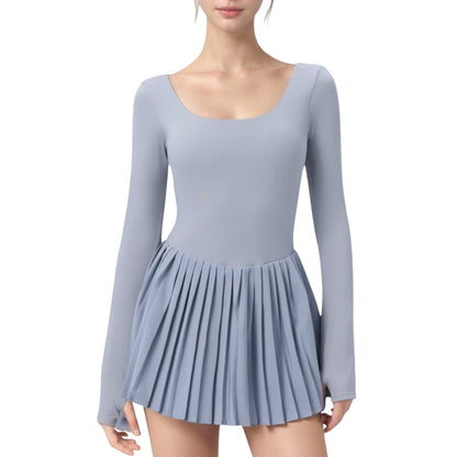 Anna-Kaci Active Women's Long Sleeve Pleated Skirt Active Dress with Scoop Neckline