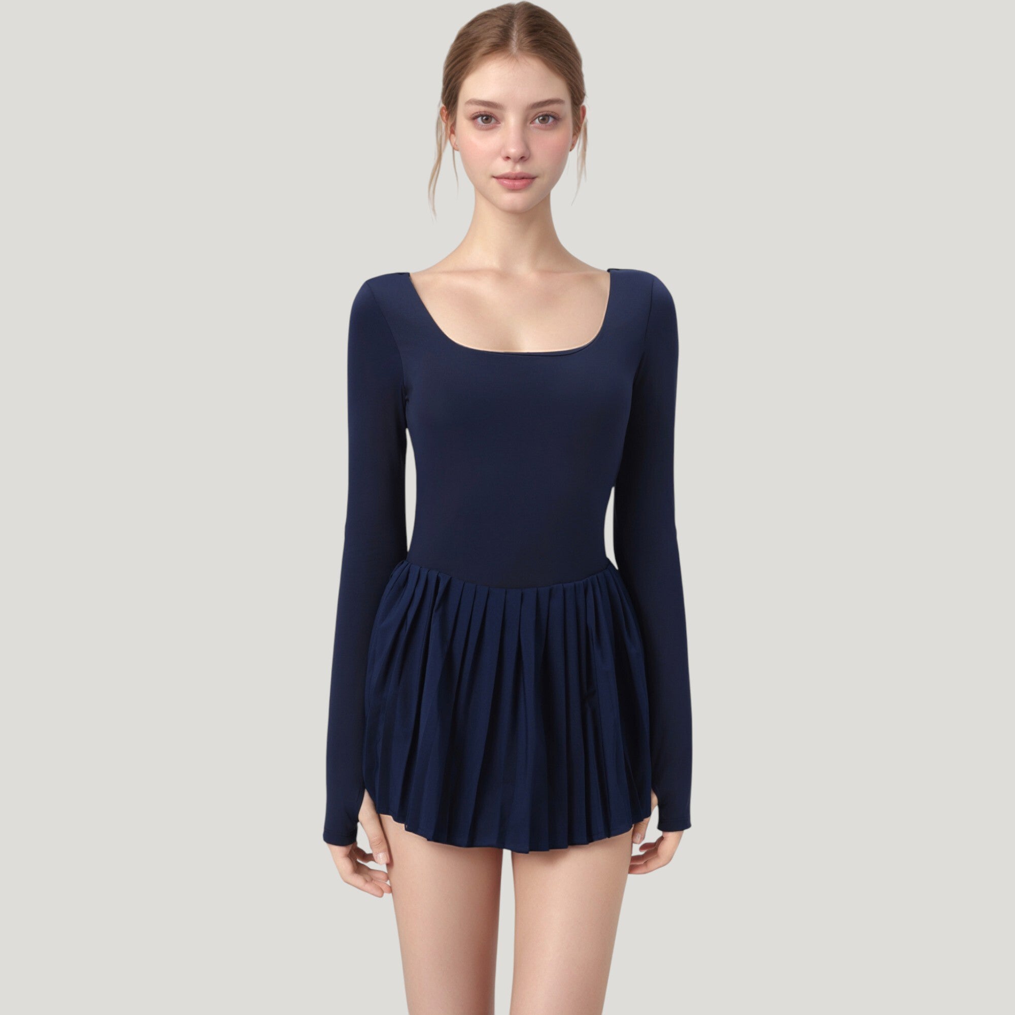 Anna-Kaci Active Women's Long Sleeve Pleated Skirt Active Dress with Scoop Neckline