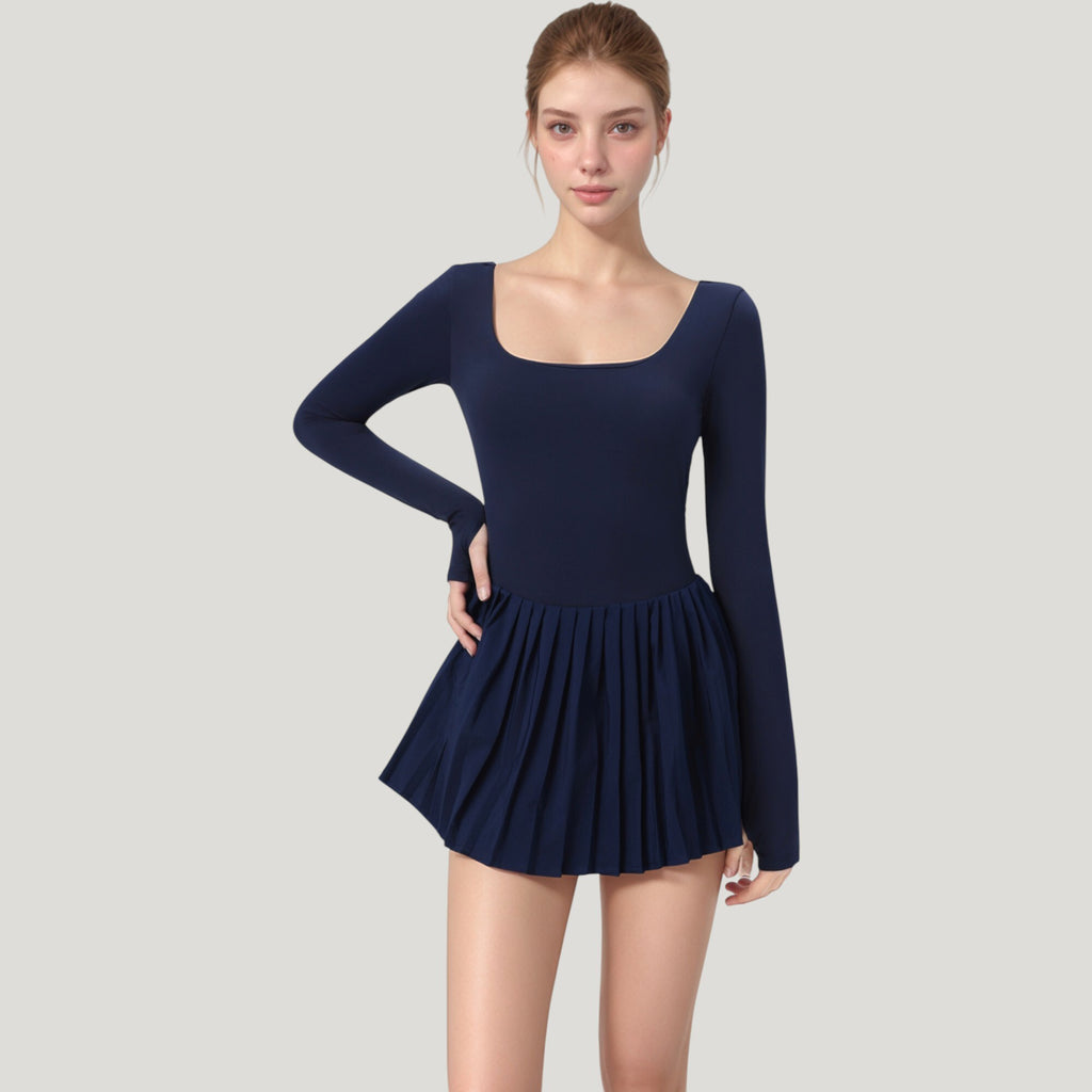 Anna-Kaci Active Women's Long Sleeve Pleated Skirt Active Dress with Scoop Neckline