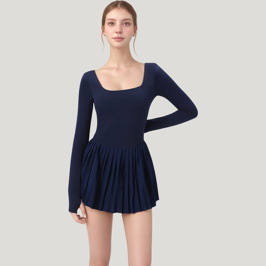 Anna-Kaci Active Women's Long Sleeve Pleated Skirt Active Dress with Scoop Neckline