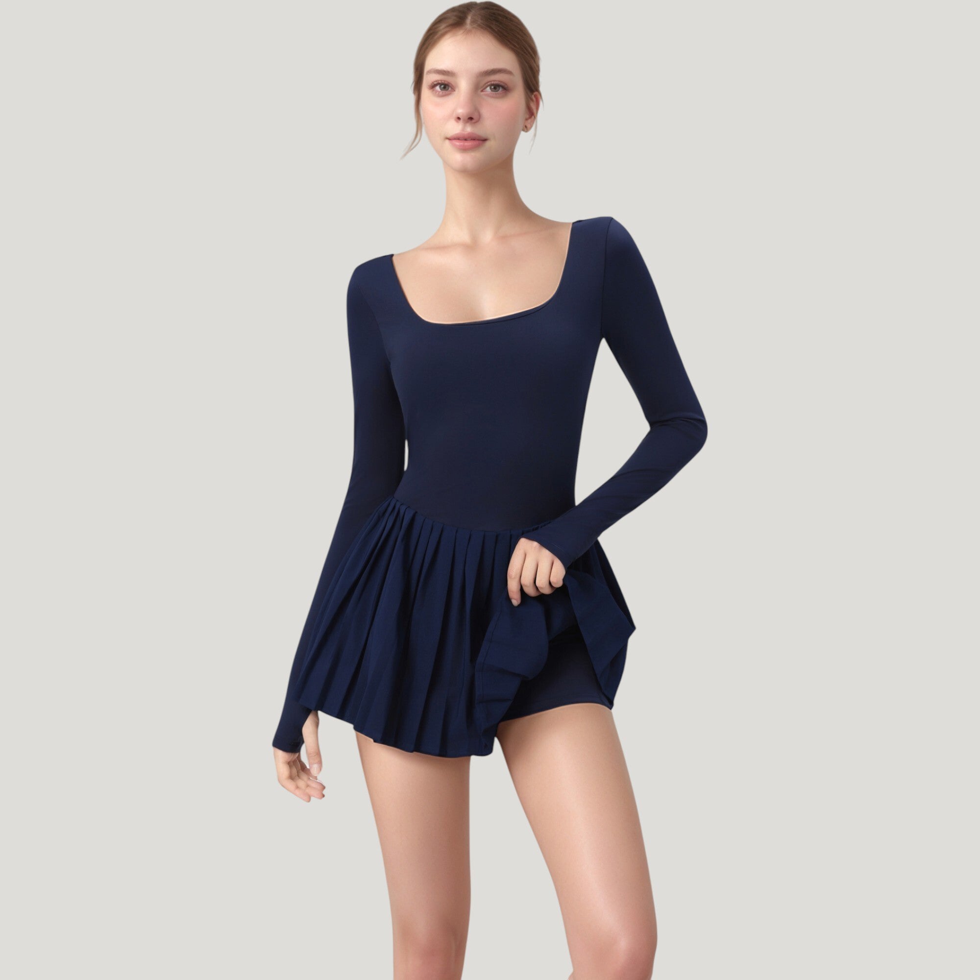 Anna-Kaci Active Women's Long Sleeve Pleated Skirt Active Dress with Scoop Neckline