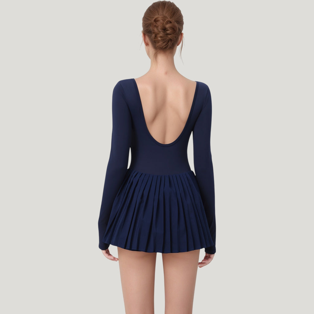 Anna-Kaci Active Women's Long Sleeve Pleated Skirt Active Dress with Scoop Neckline