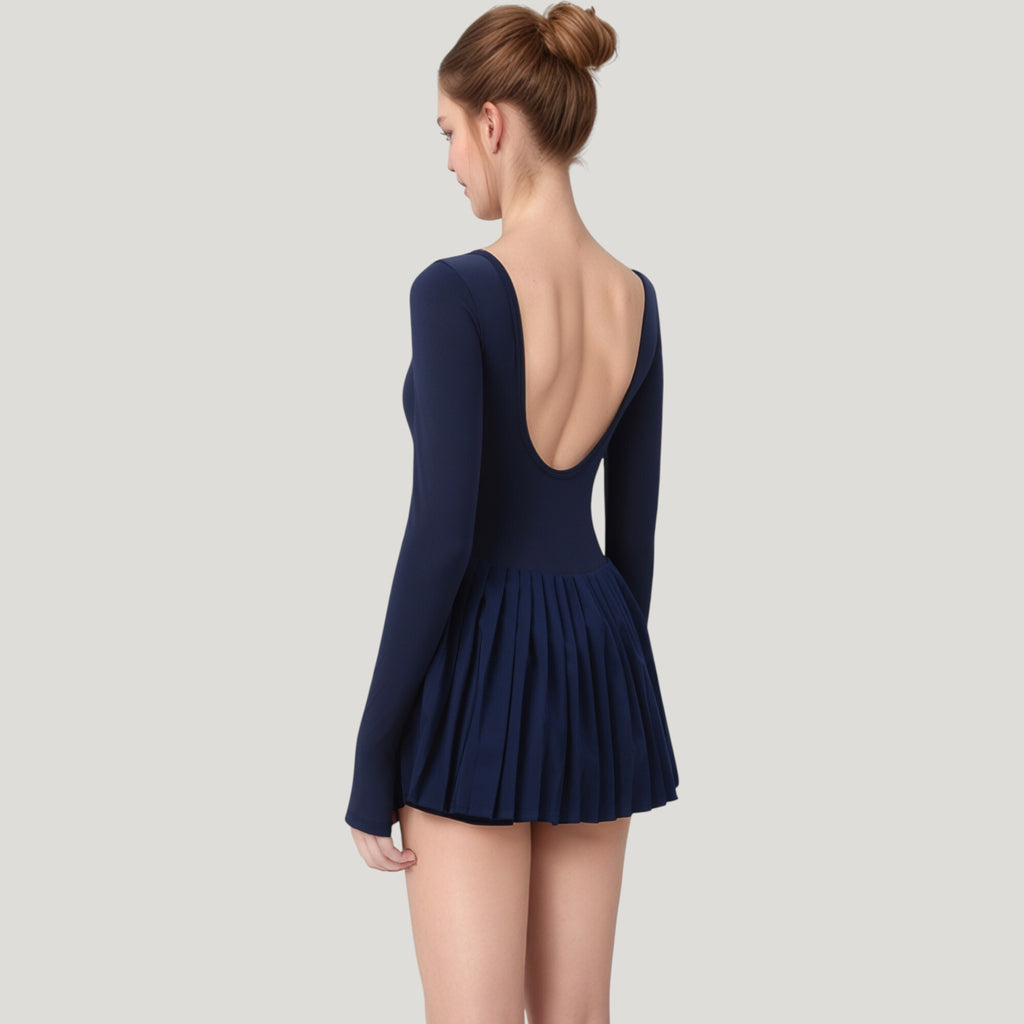 Anna-Kaci Active Women's Long Sleeve Pleated Skirt Active Dress with Scoop Neckline