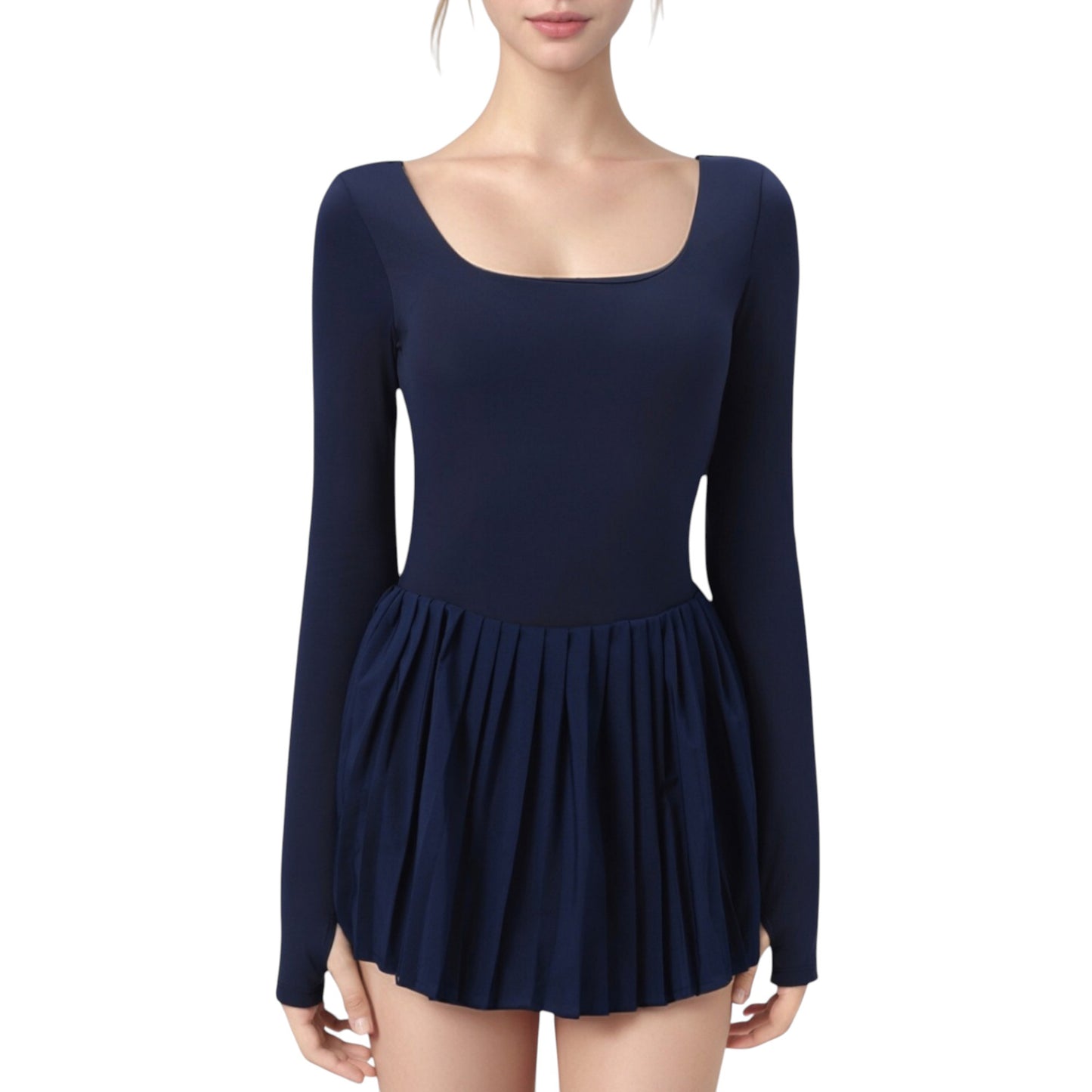 Anna-Kaci Active Women's Long Sleeve Pleated Skirt Active Dress with Scoop Neckline