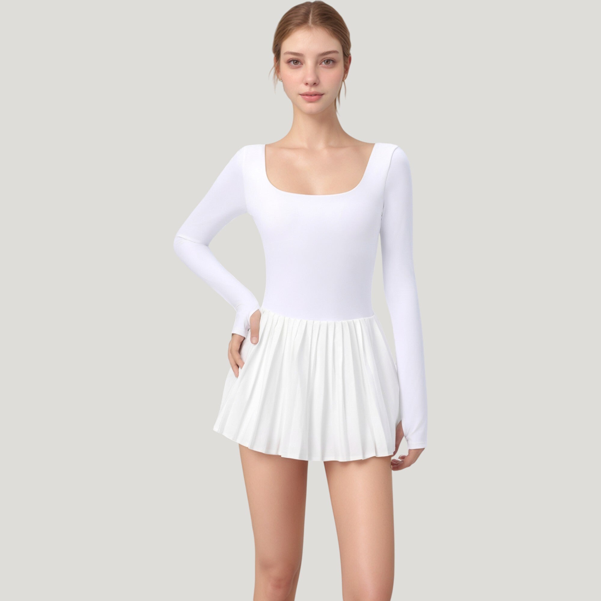 Anna-Kaci Active Women's Long Sleeve Pleated Skirt Active Dress with Scoop Neckline