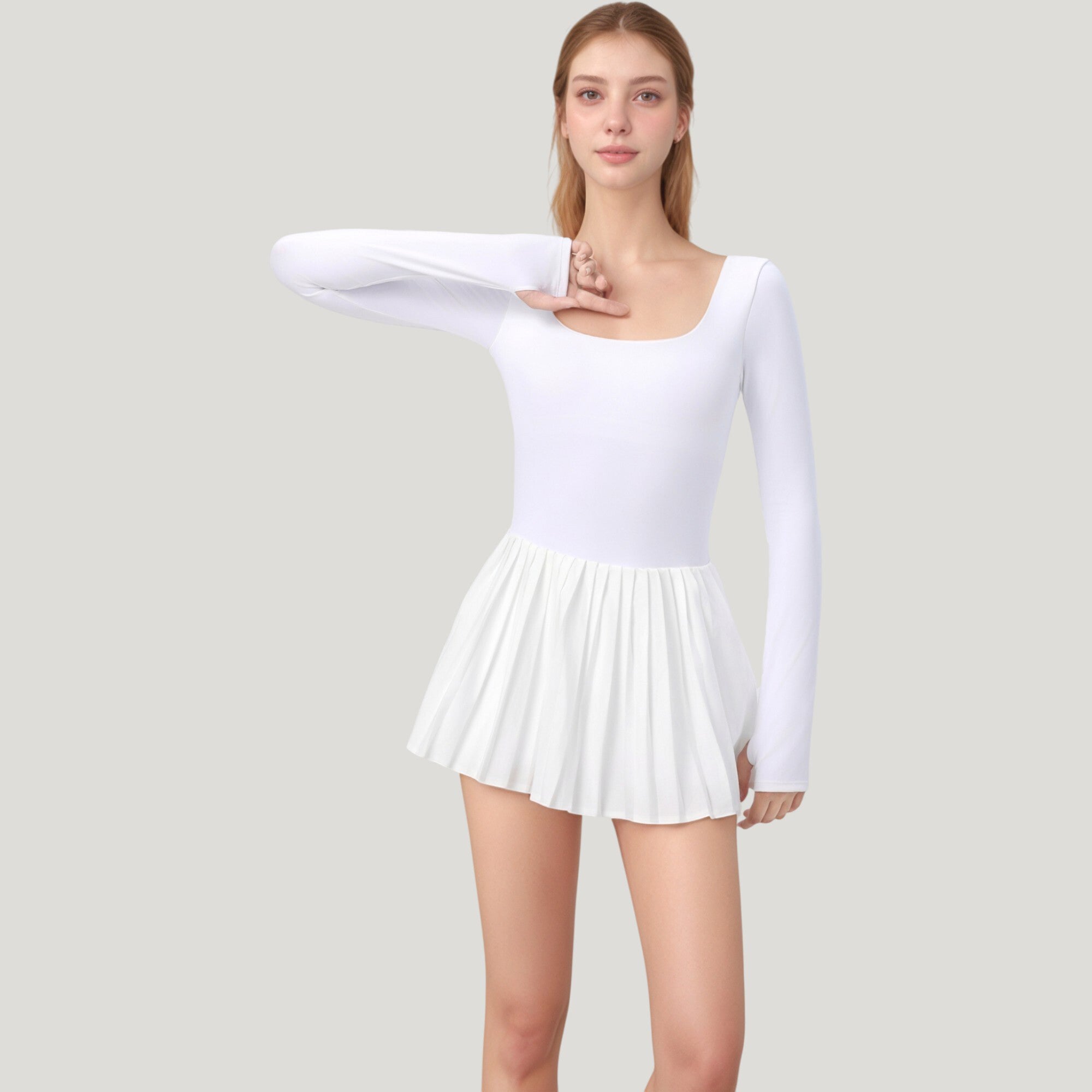 Anna-Kaci Active Women's Long Sleeve Pleated Skirt Active Dress with Scoop Neckline