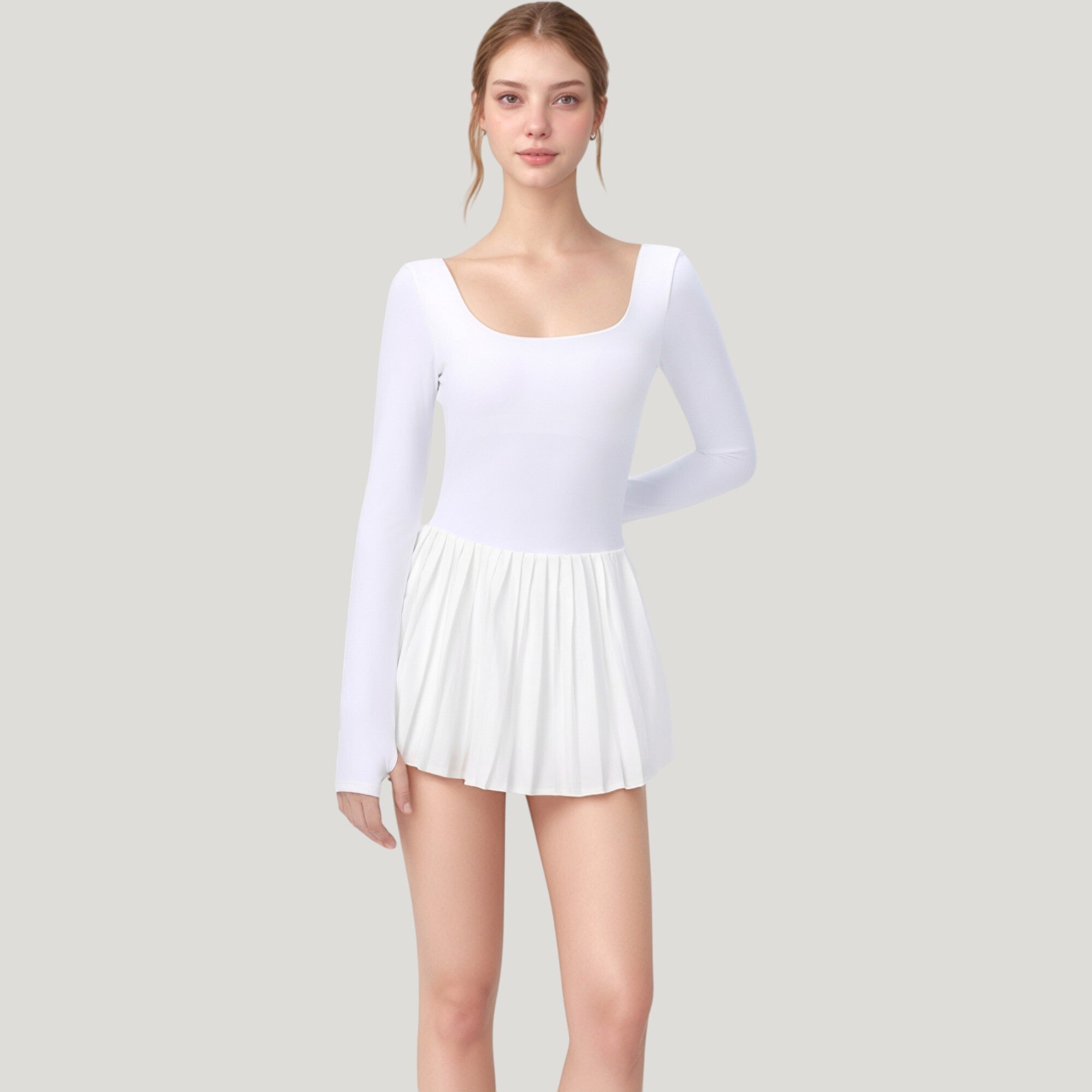 Anna-Kaci Active Women's Long Sleeve Pleated Skirt Active Dress with Scoop Neckline