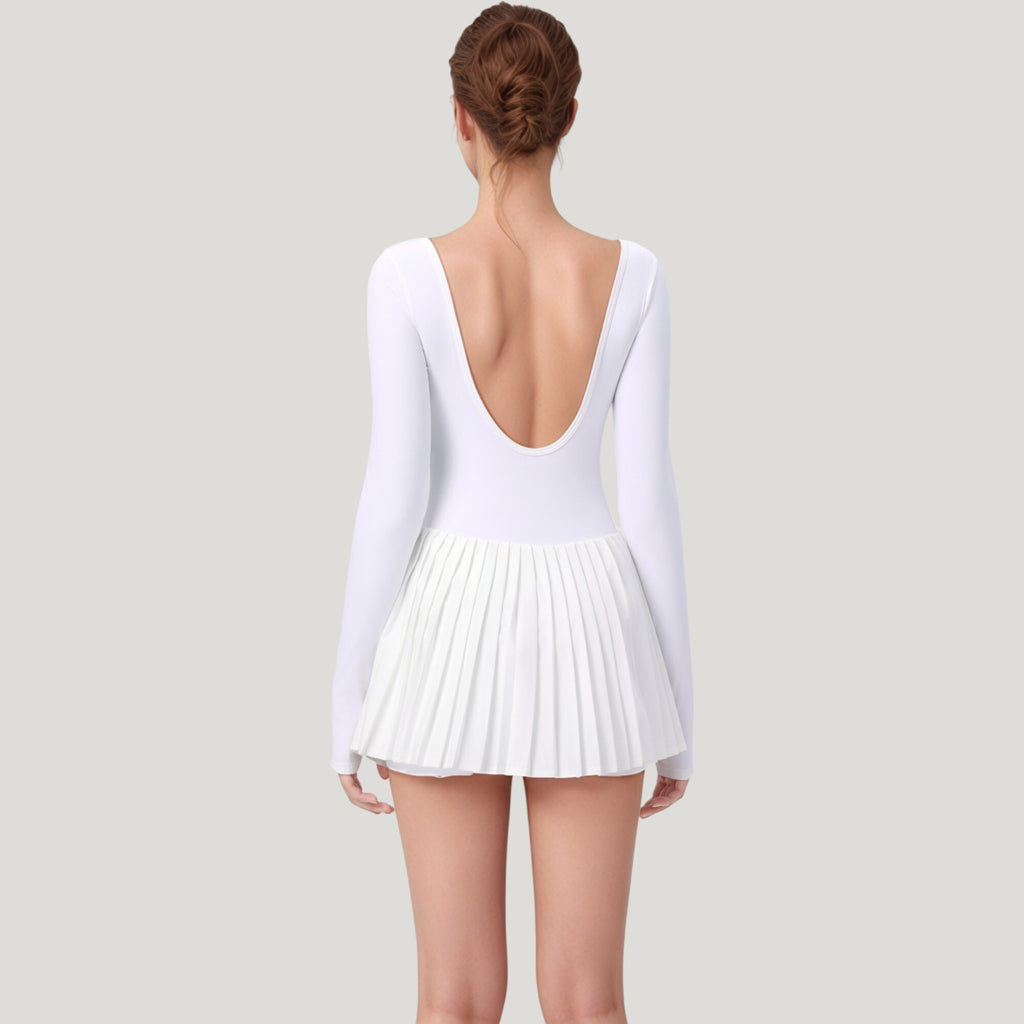 Anna-Kaci Active Women's Long Sleeve Pleated Skirt Active Dress with Scoop Neckline